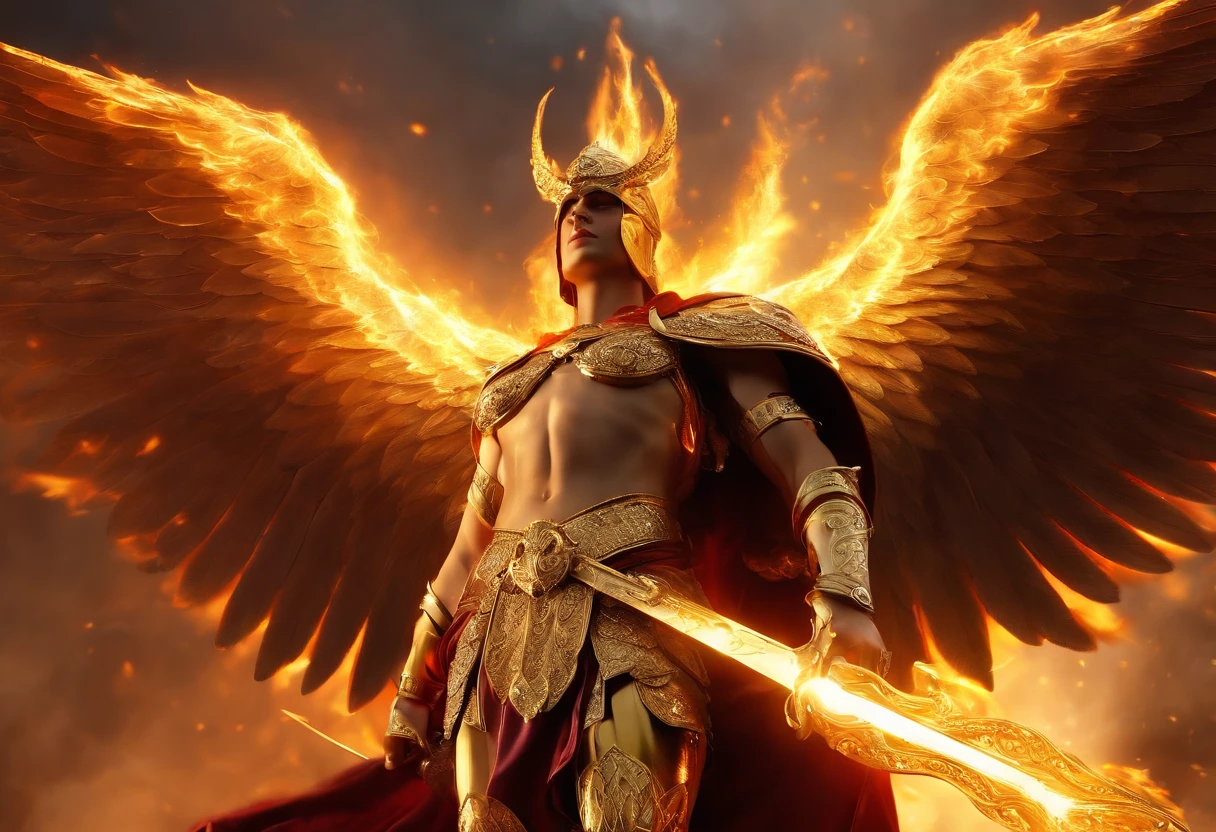 ((The Justice angel)),(gorgeous natuarlly),(HAND-take flame blade reflect in dizzle light),burnning up in fire,equiped with golden armer,((eyes shinning gold beam)),background in holy beaming from the heaven