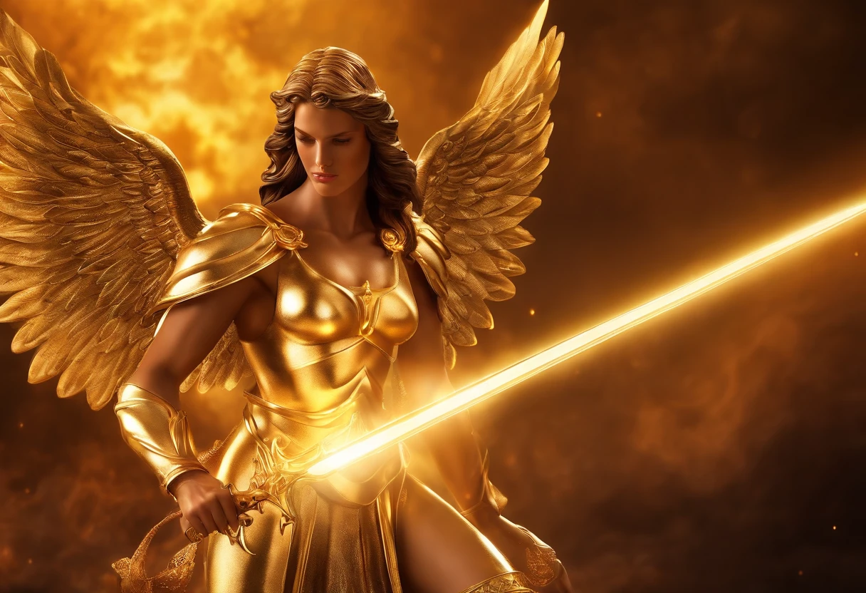 ((The Justice angel)),(gorgeous natuarlly),(HAND-take flame blade reflect in dizzle light),burnning up in fire,equiped with golden armer,((eyes shinning gold beam)),background in holy beaming from the heaven