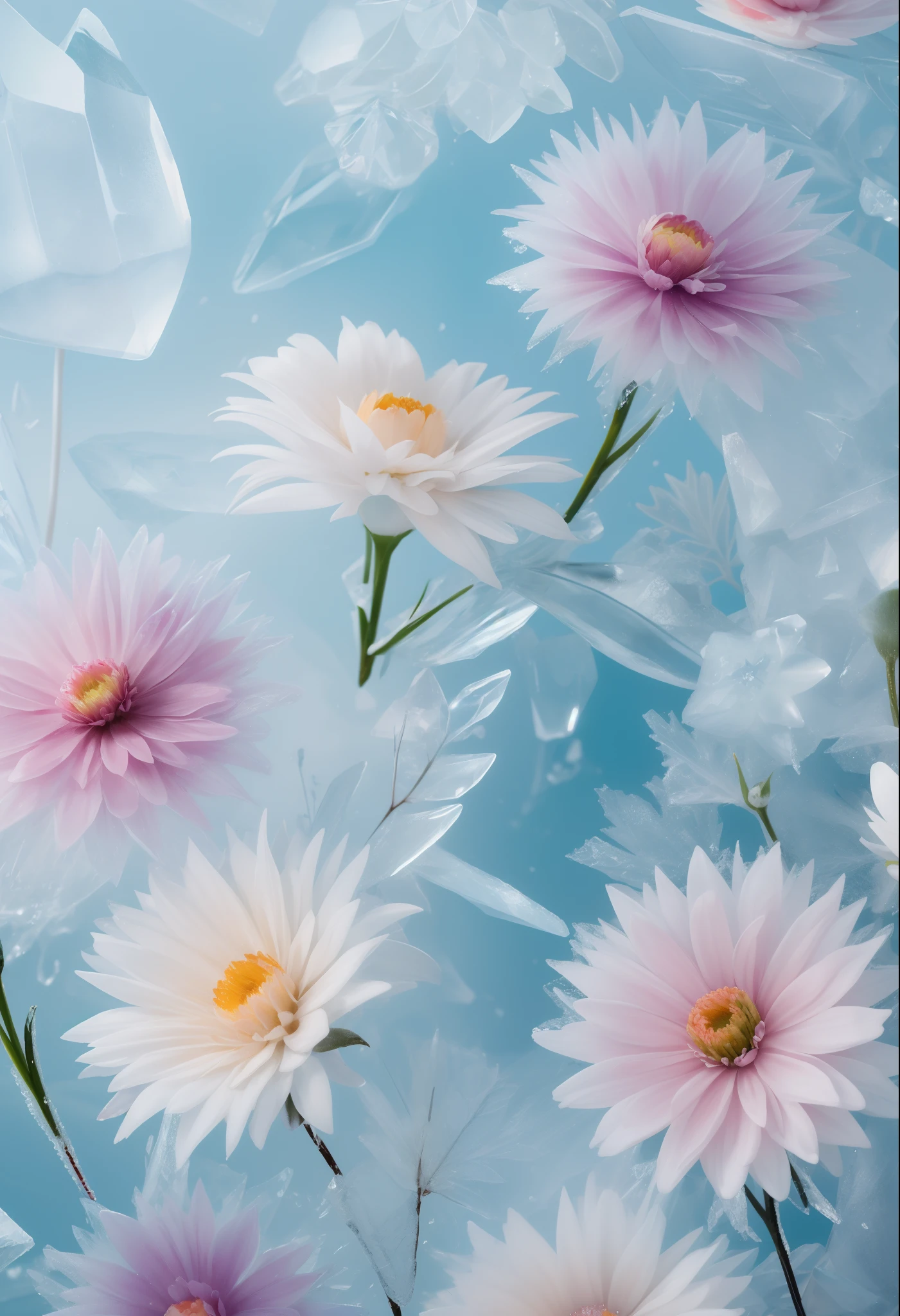 Smooth ice, frozen fresh flowers, crystal clear, glazed texture, minimalist, could be a phone wallpaper image, wonderful, delightful, light colors, imaginative