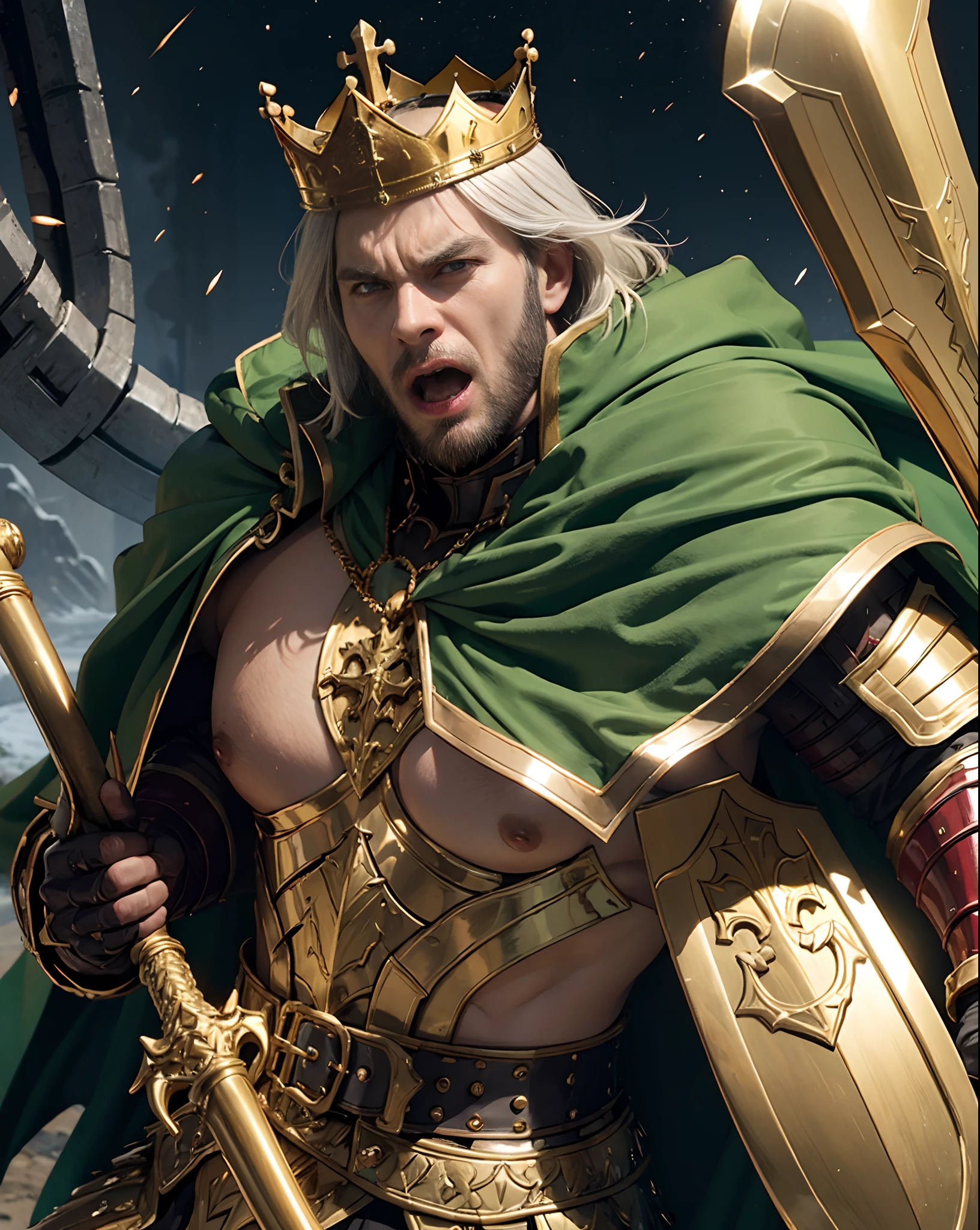 (Fierce face:1.2), angry_teeth, screams:0.9, Very fat king (Shirtless), partial_armor, gold, shinny_armor, crown, king, (giant_belly:1.0), dramatic_backlight, giant_axe, green_cape, full_body,