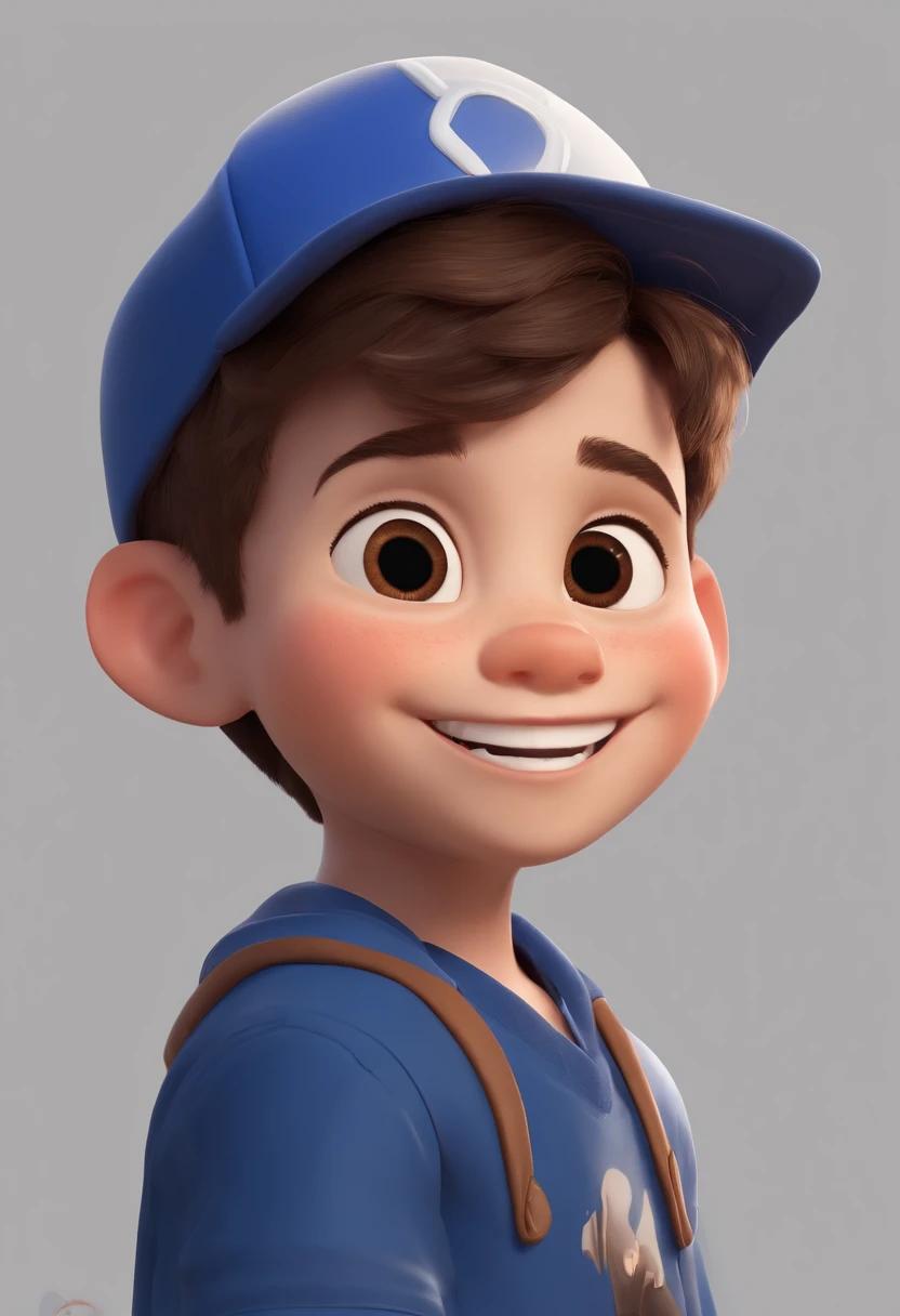 A happy cute boy standing short hair with dark blue cap , vestindo uma camisa azul , , fundo branco, barnet, Tom, Estilo Pixar, ......3d, desenhos animados, rosto detalhado, asymmetrical 16k