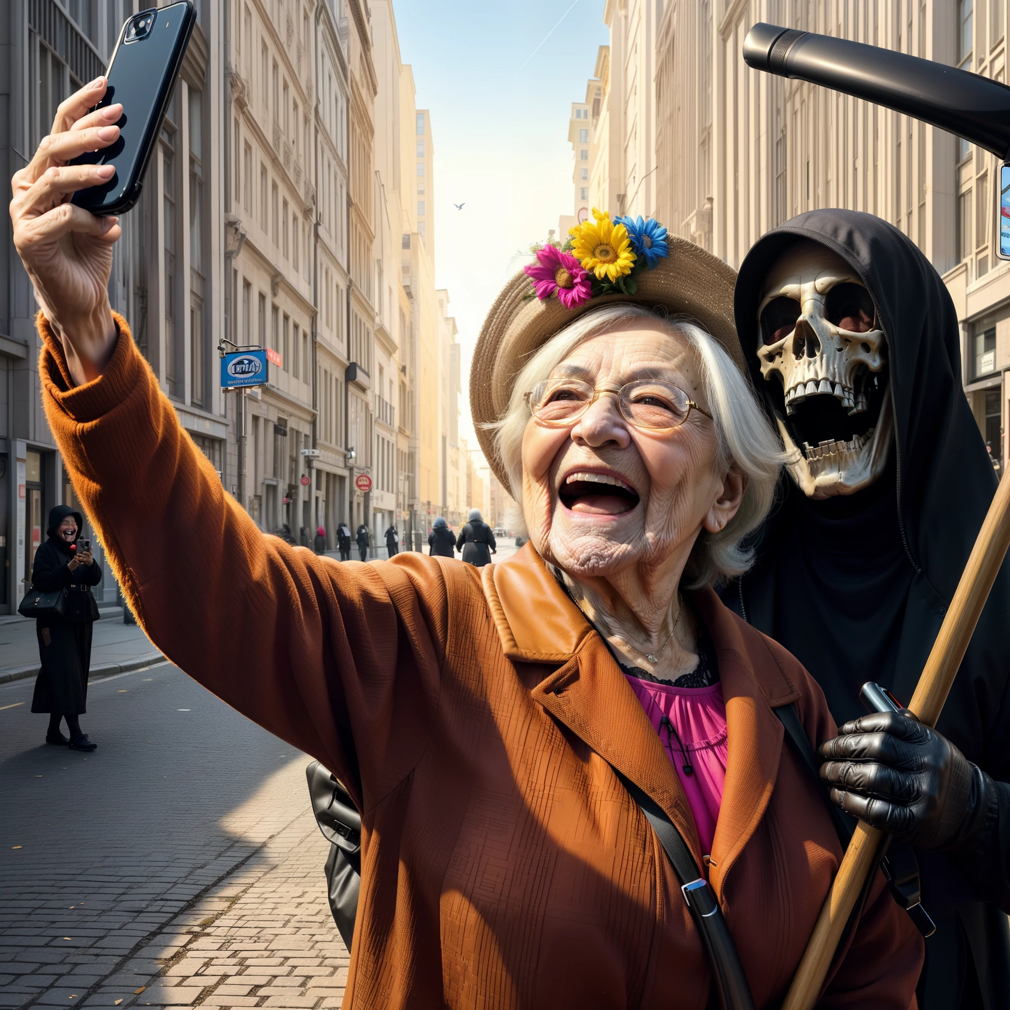 masterpiece, 8K, UHD, best quality, photo-realistic, digital photo, very old woman, grandmother, taking selfie, city street, laughs, happy, black reaper, death, scythe, stands behind, joyfully waves, humor, funny, parody, realism, detailed, intricate details, daylight colors, intense emotion, sharp contrasts, side view, looking at mobile phone, diagonal shot, dynamic angle, unique touches, zoomed out, extreme close-up, top-down perspective