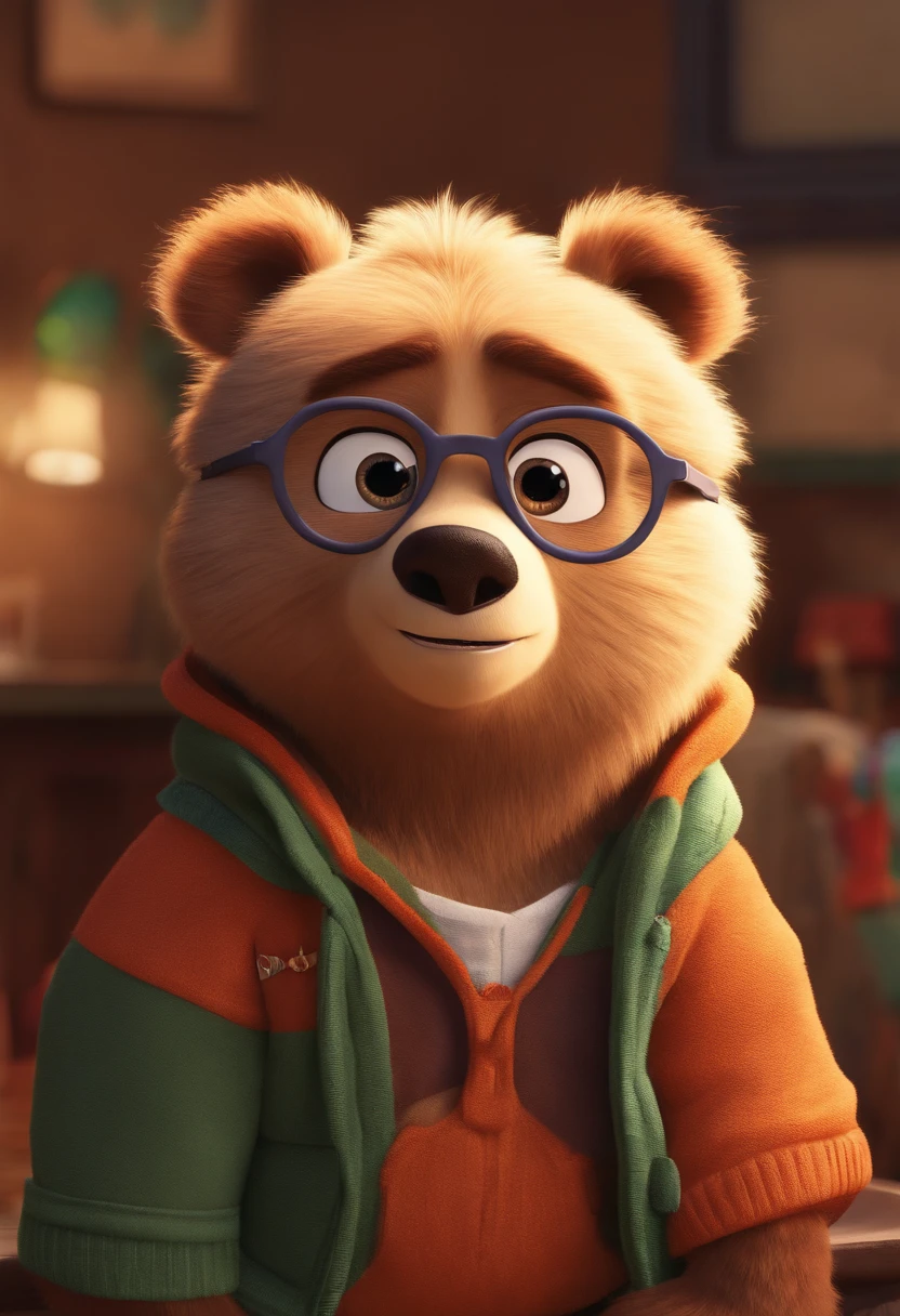 estilo desenho animado, Pixar, wearing round glasses, segurando um urso de pelucia, roupa do Palmeiras, cabelo de lado