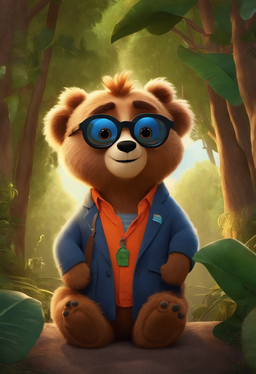 estilo desenho animado, Pixar, wearing round glasses, segurando um urso de pelucia, roupa do Palmeiras, cabelo de lado