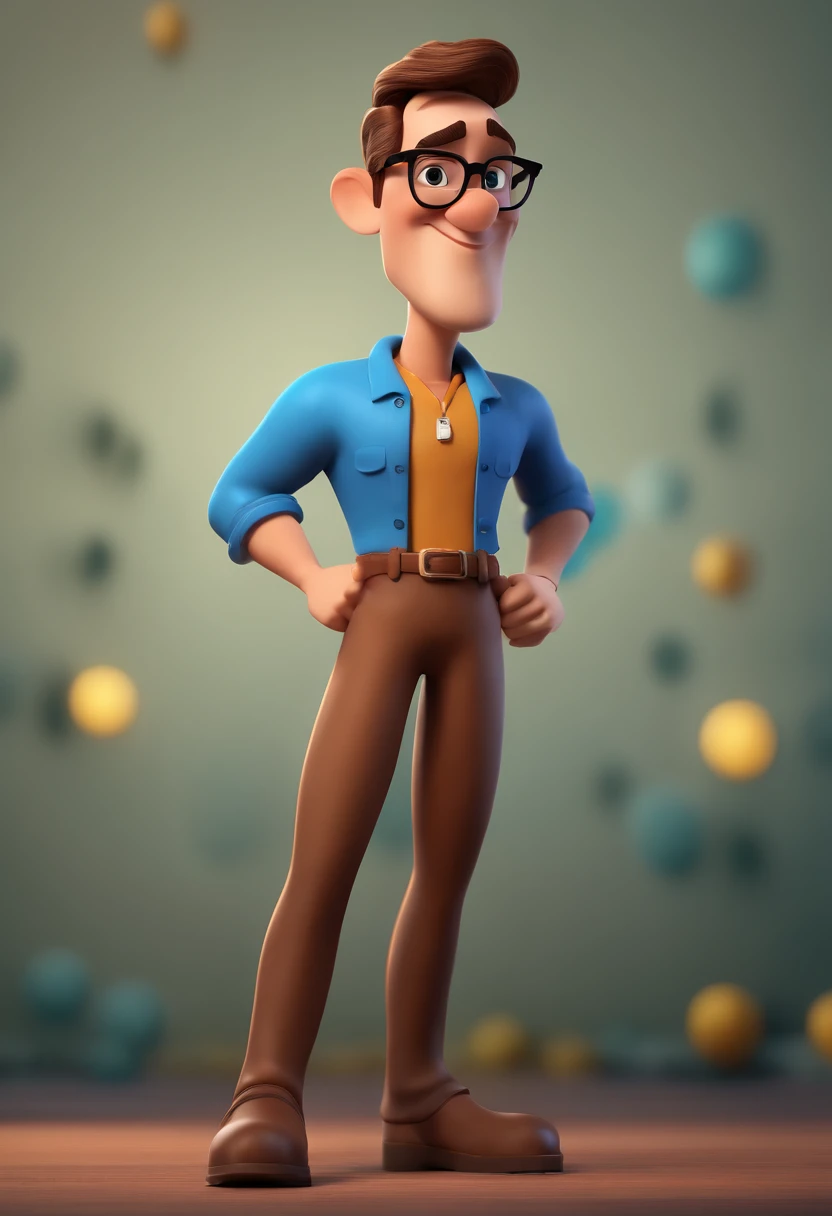 Cartoon character of a man with black glasses and a blue shirt, animation character, Caractere estilizado, animation style rendering, 3D estilizado, Arnold Maya render, 3 d render stylized, toon render keyshot, Personagem 3D, Personagem 3D, 3d rendering stylized, 3 d character render, personagem de desenho animado, Personagem de close up, Pose de personagem,  (Estilo Pixar) (master part:1.2) (Bokeh) (best quality) (pele detalhada) (textura detalhada) (8k) (argila) (Cinematic lighting) (foco nítido