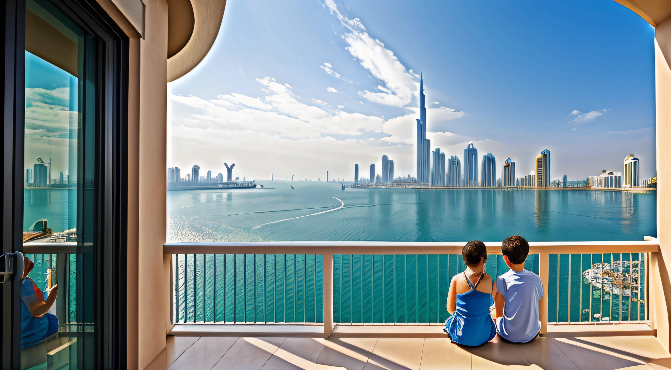 two siblings, the older sister (20 years old) and the younger brother () both sitting on their balcony at Dubai Marina, looking at Bluewaters Island., Pixar --auto