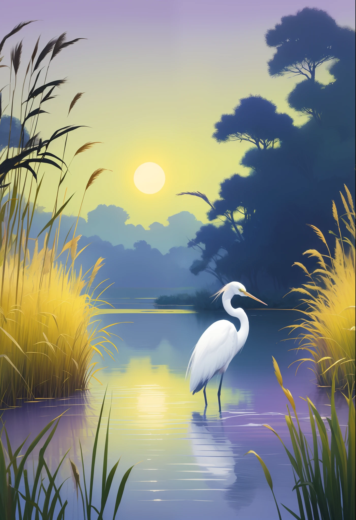 Tranquil Landscape Illustration, Close-up of a blue-violet gradient lake with egrets looming in the yellow-green reeds, Nature Landscape Artwork, Studio Ghibli Painting Style, Fine Texture, Rich Color Variations, Muted, Landscape Illustration, 8k