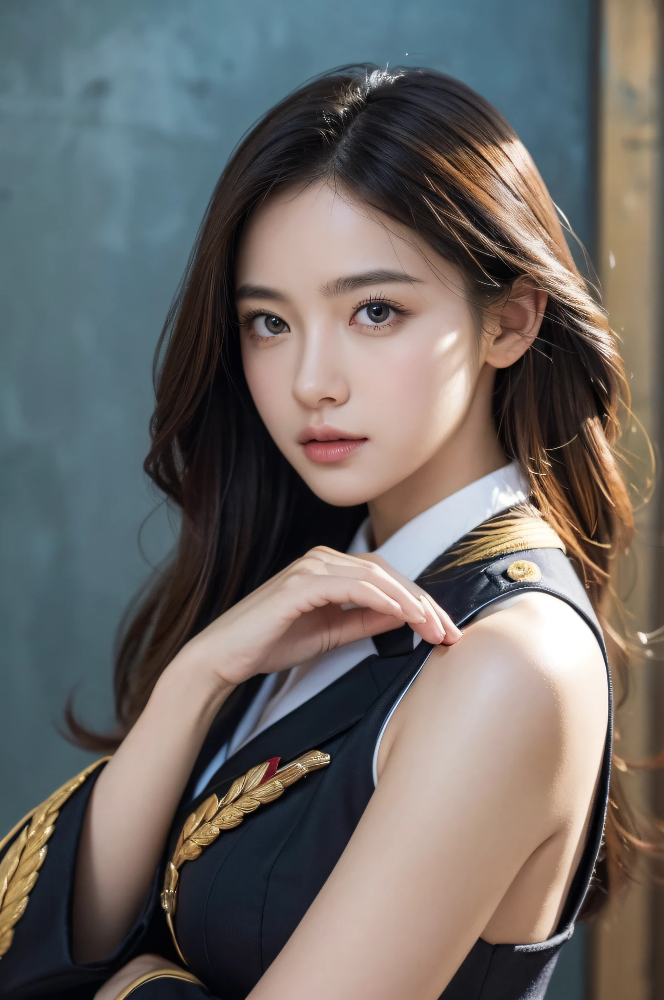(masterpiece, best quality, super fine illustration, photo realistic, detailed background:1.3),(perfect anatomy:1.2),(extremely detailed),detailed beautiful eyes, BREAK cute girl,shiny body,dual wielding,Military Uniform, BREAK City,starry skies,