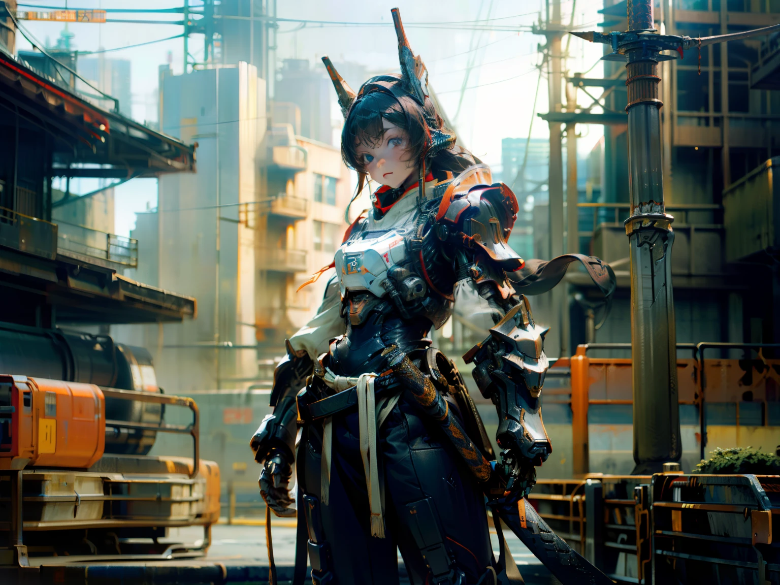 Futuristic city、A Japanese style、Ruins、Wearing weapons、No humans、No human face、buliding、radiant eyes、Black Mecha（weathered）、scientific fiction、城市、Realistis、mechs、Photograph the whole body、low angles、neons、cyberpunked、Detailed artwork、电影灯光、Dark Fantasy、cyberpunked、(Big sword、swordsmen、A black:1.1)、1 body、Mechanical wonders、Robotic presence、Cybernetic Guardian、Wearing a worn-out mechanical armor suit（Dragon-like head（Three-dimensional、Fine details、Silver Longhaired）、slender、Streamlined、Female-like body shape（No face）、A dragon's tail grows from the waist）、 with an intricate、(steel metal[Rust])、Elegant and sharp focus、Soft lighting、Pale and dark colors、​masterpiece、(Street))、cowboy  shot、dynamicposes、Iai's Pose、battleing
