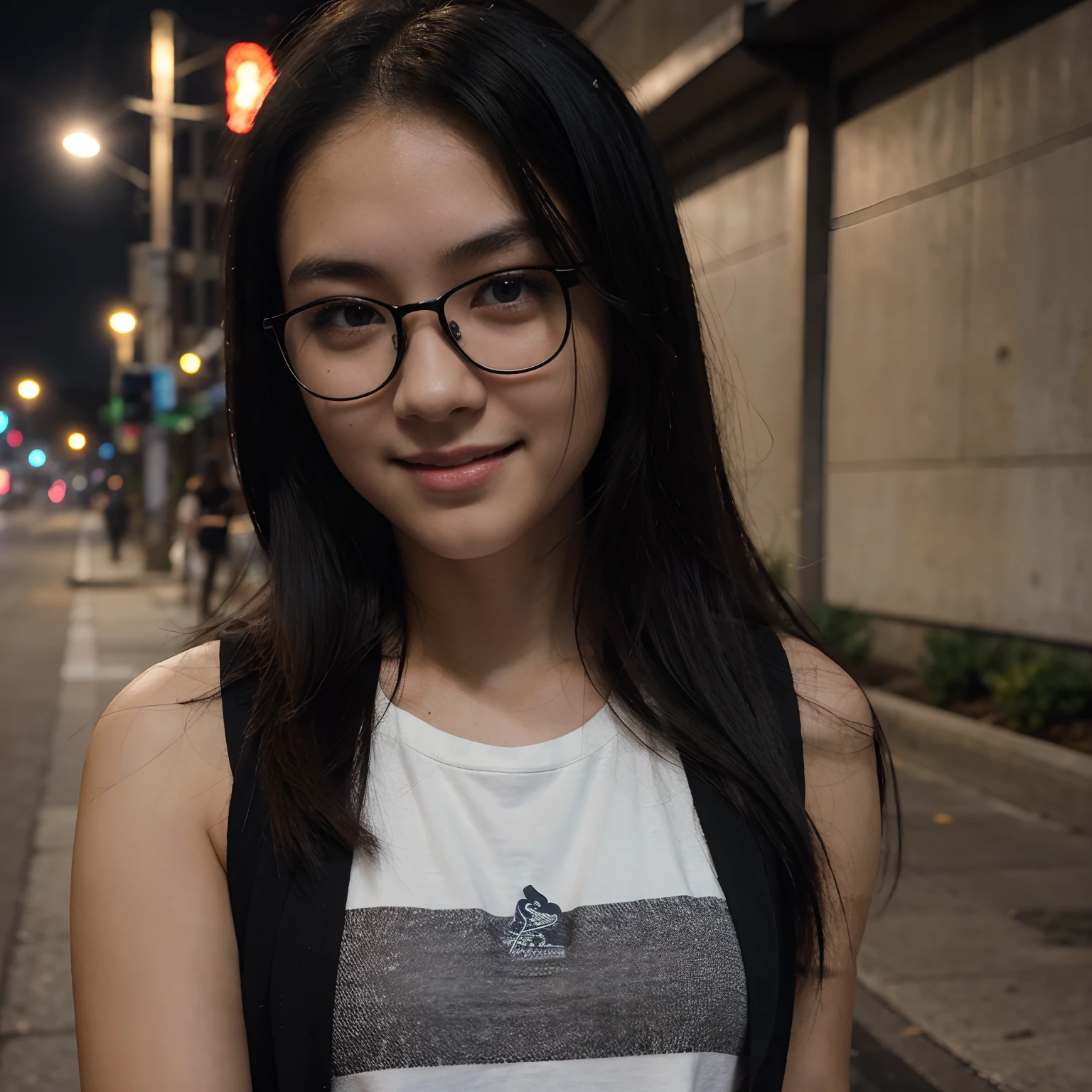 Very young female, half chinese, small slit-eyed, glasses, black hair, flawless white skin, long hair, photorealistic, best quality, hyper detailed, middle school student, beautiful woman, selfie photo, upper body, solo, wearing black clothes, smiling at city street, midnight photo, without makeup, school, looking at viewer, skin texture, film grain, close up, ultra high res, best shadow, RAW, instagram LUT