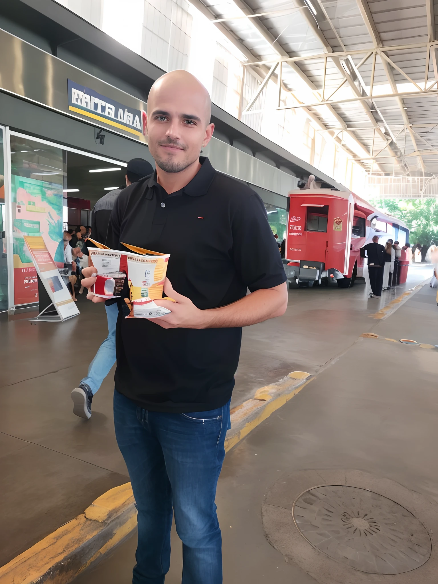 Homen careca com terno preto elegante na frente de uma ferrari vermelha com uma paisagem linda atras