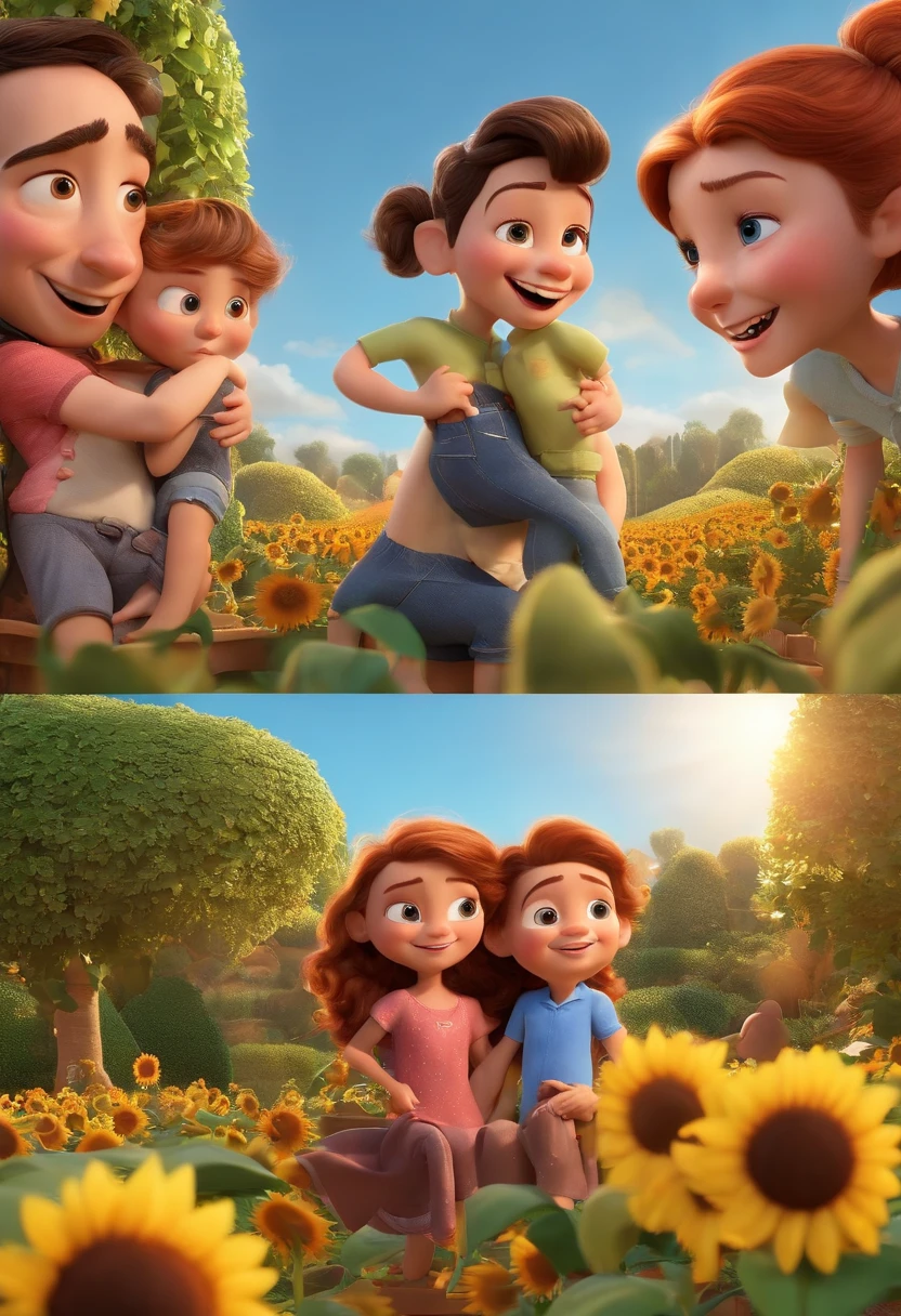 Create a Disney PIXAR-style 3D poster. ((centro da imagem, Triplets)), ((3 children)) ((1 menino no meio e 2 meninas ao lado, They're hugging each other, O menino tem pele castanha e cabelos castanhos escuros e olhos castanhos escuros, 1 menina tem pele clara, olhos e cabelos escuros e cacheados, e a outra menina tem pele morena, olhos escuros e cabelos escuros e lisos)) ((tudo isso no estilo Disney PIXAR 3D, In the background, A house of sunflowers, Gloria Studio, The garden is full of nature 3D render RTX clay material, estilo de design cartunesco, POP Mart, soft lighting, linhas suaves, Spring tilt, Detailed illustrations of PIXAR 3D, Detalhes hiper-realistas, cor quente no estilo Disney PIXAR 3D))