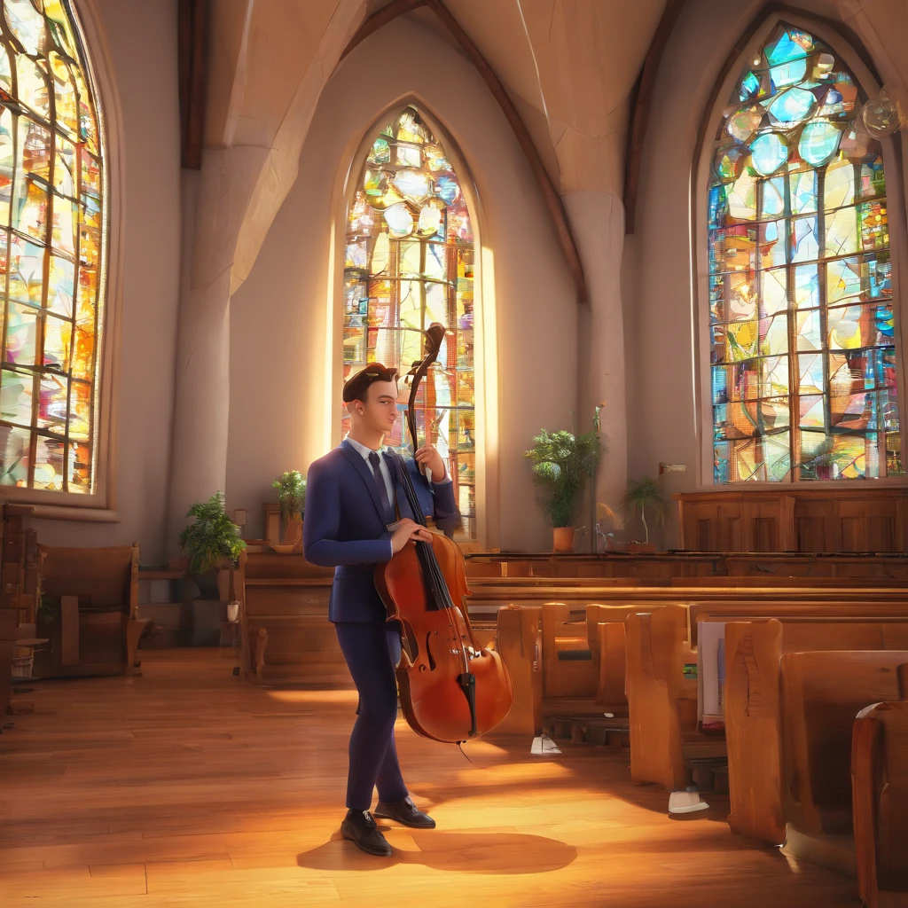 Eric, 21 anos, with suit and a violin in an evangelical church