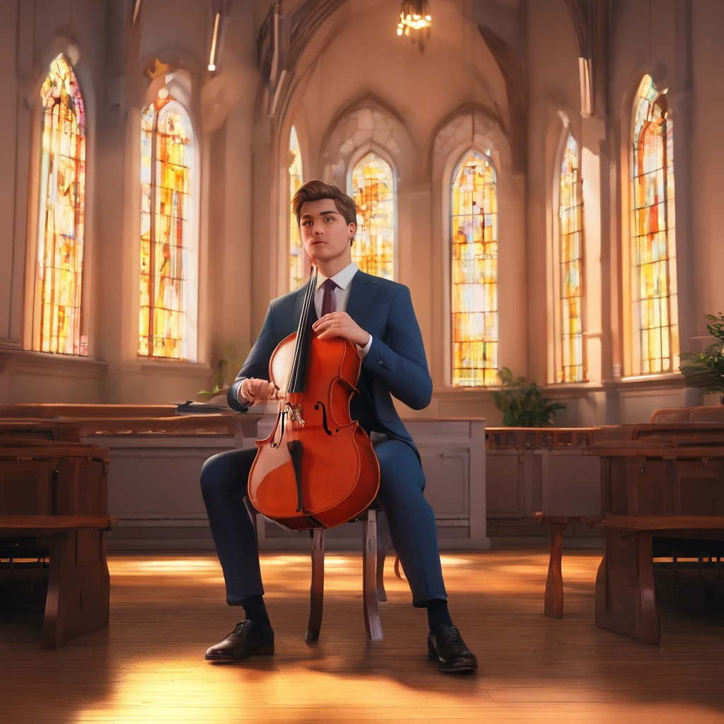 Eric, 21 anos, with suit and a violin in an evangelical church