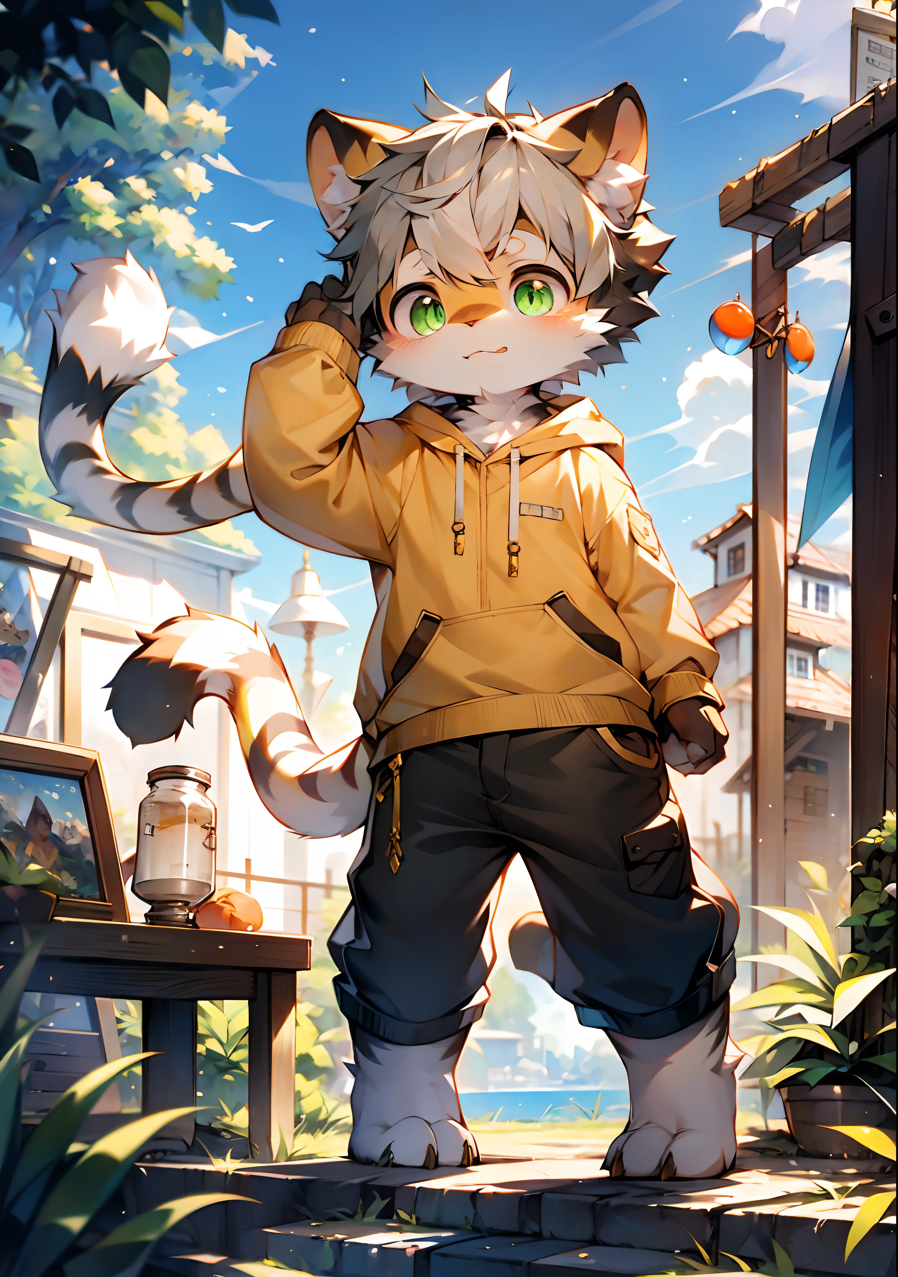 （catss，Gray hair and green pupils，Yellow and white coat color，adolable，vivaciousness，Libido boy，underage,Wear a sweatshirt with a pink pattern，lively and lovely，shorter pants, Wind element，shaggy），Digital artwork with cinematic lighting.A boy，Monosomy anthropology,Furry,feral,(Digital media \(artwork of a\):1.2),(hi，It's nothing,absurd res:1.2),Perfect anatomy,Anatomically correct,Detailed,Detailed face,Detailed eyes,(Realistic fur,Detailed fur:1.25),Detailed background,amazing background. Break (author：Puinki \(artist\):1.2),(author：Unreal Land,author：Sumi Kuroi,author：Milk Tiger 1145,author：Morkey,author：Emolga 1,Through oocysts:1.2),(author：Xia Huaiting:0.8),(by Pino Daeni:0.8),(author：Sios Shiru:0.8),(by Chunie:0.8).