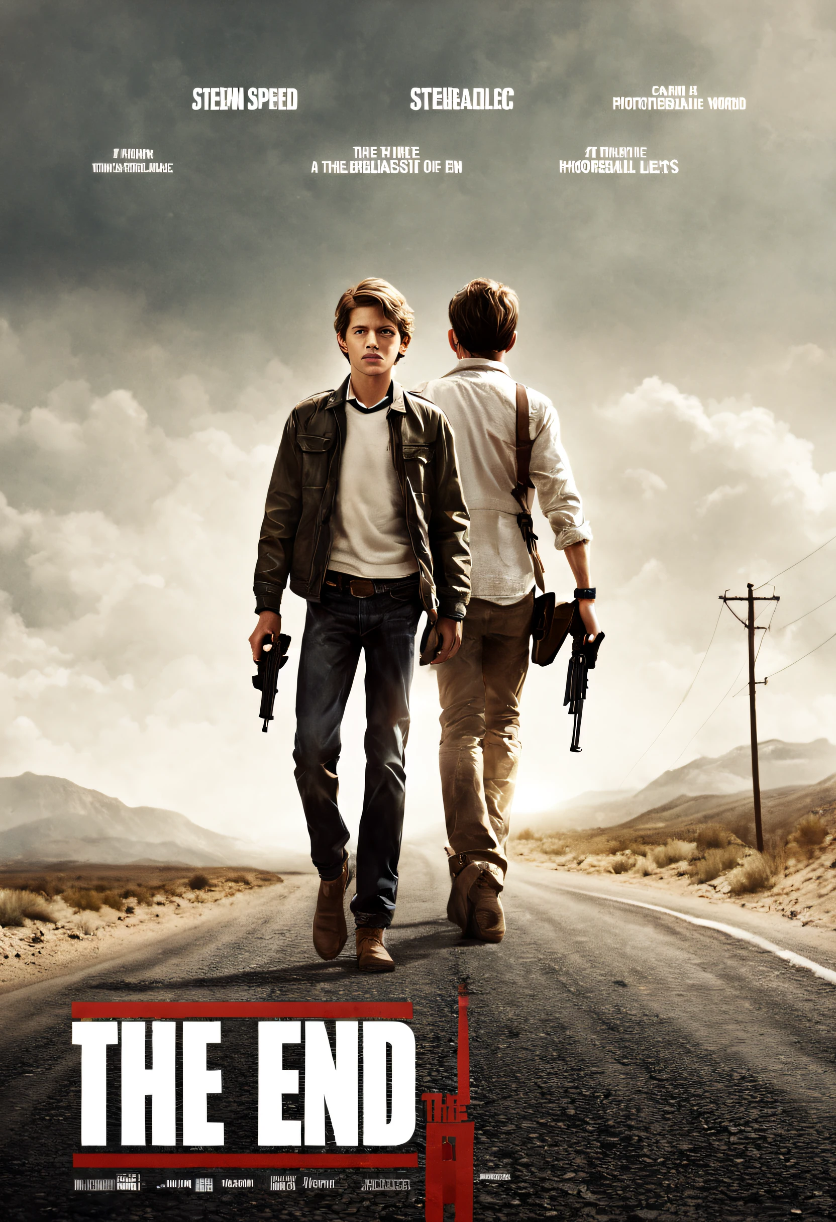 (best quality, 4k, 8k, high resolution, masterpiece: 1.2), ultra detailed, (realistic, photorealistic, photorealistic: 1.37),Image of a poster for a thriller film directed by Steven Spielberg. The poster shows a man and a boy alone on a lonely road. The man and boy are back to back and have a large gun strapped to their shoulders. The cinematic lighting is spectacular. (At the bottom of the poster you can see the word “the end” in white letters: 1.4).