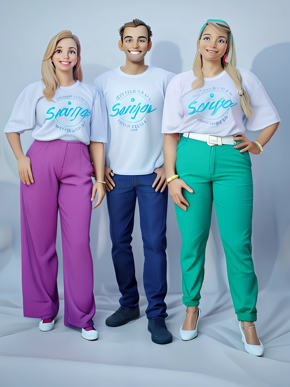 2 women 1 man, smiling, looking at the camera, in front of a garment factory, high-quality 3D Pixar-like rendering