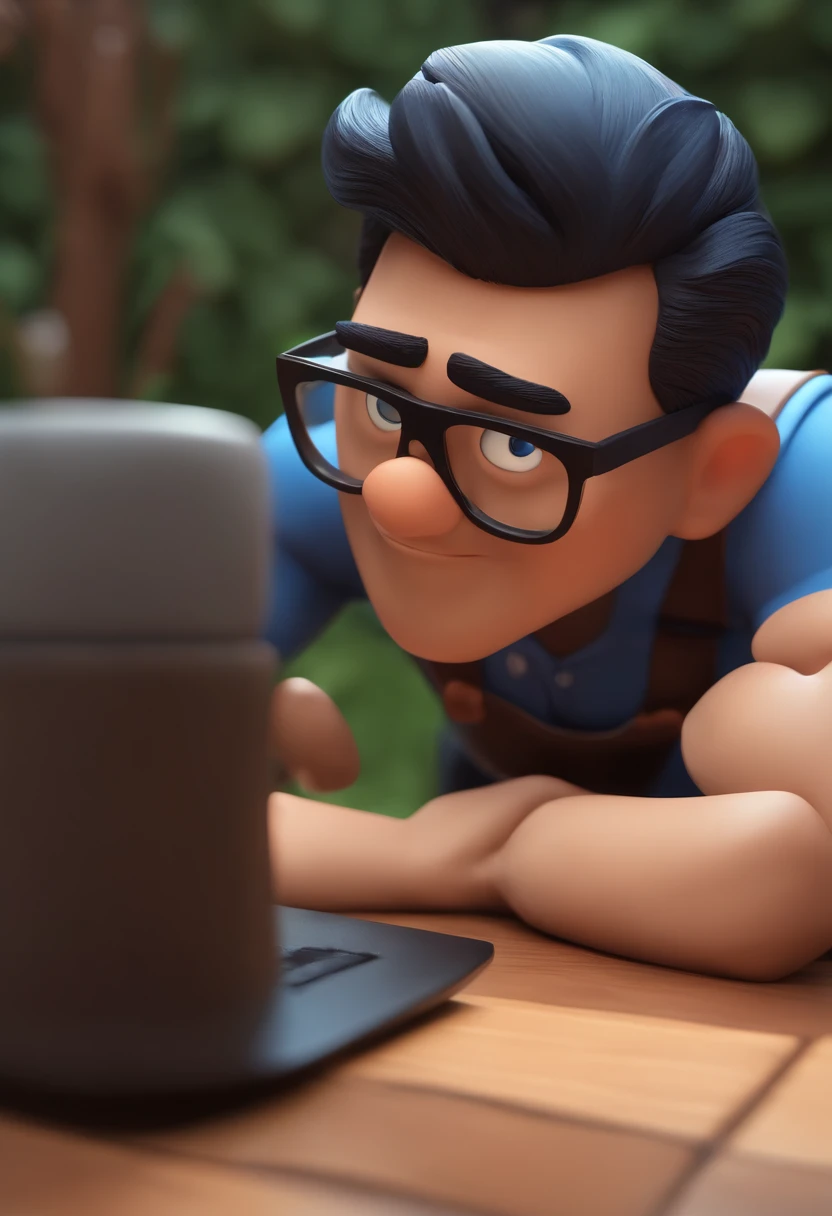 Cartoon character of a man wearing black glasses and a blue shirt, um personagem animado, Caractere estilizado, animation style rendering, 3D estilizado, Arnold Maya render, 3 d render stylized, toon render keyshot, Personagem 3D, Personagem 3D, 3d rendering stylized, 3 d character render, personagem de desenho animado, Personagem de close up, Pose de personagem, (Estilo Pixar) (master part:1.2) (Bokeh) (best quality) (pele detalhada) (textura detalhada) (8k) (argila) (Cinematic lighting) (foco nítido,Senta e vaza a parte superior do corpo