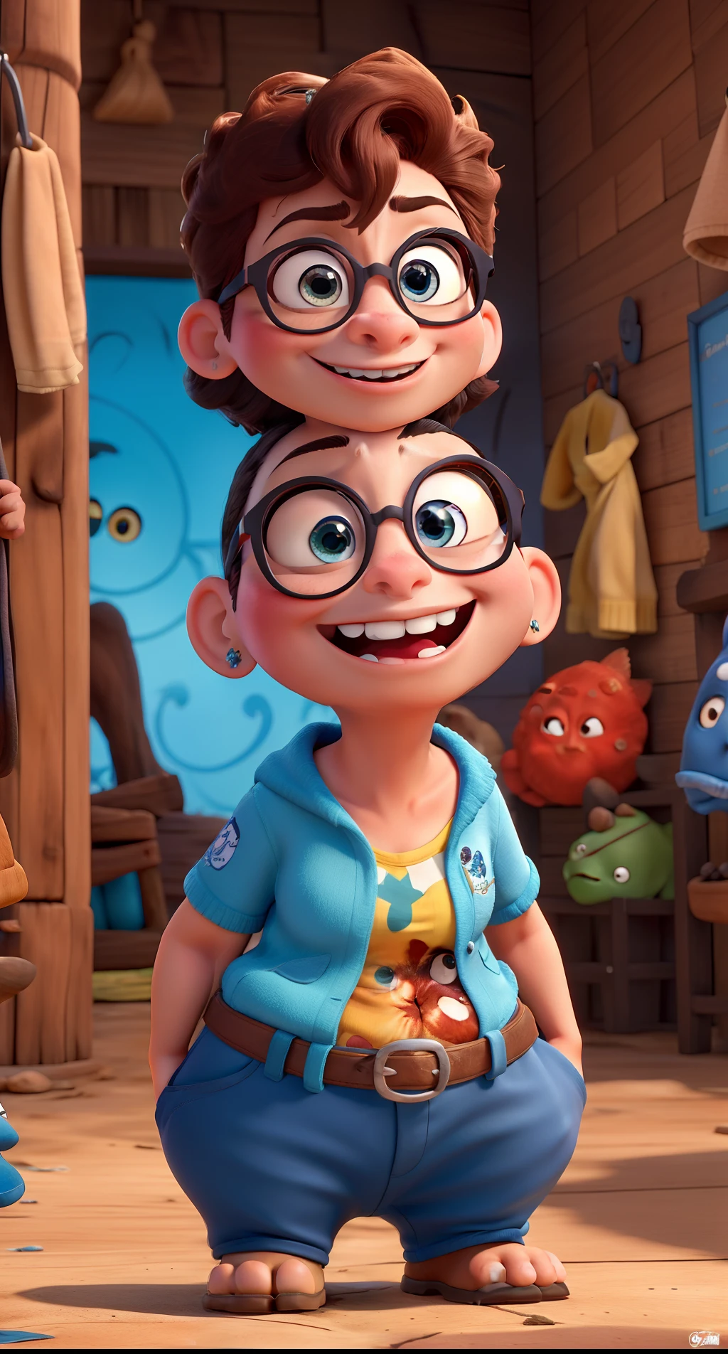 Criar poster Disney pixar , mulher loira ,olhos castanhos ,oculos brancos ,tatuagem nas costas ,alta , charmosa