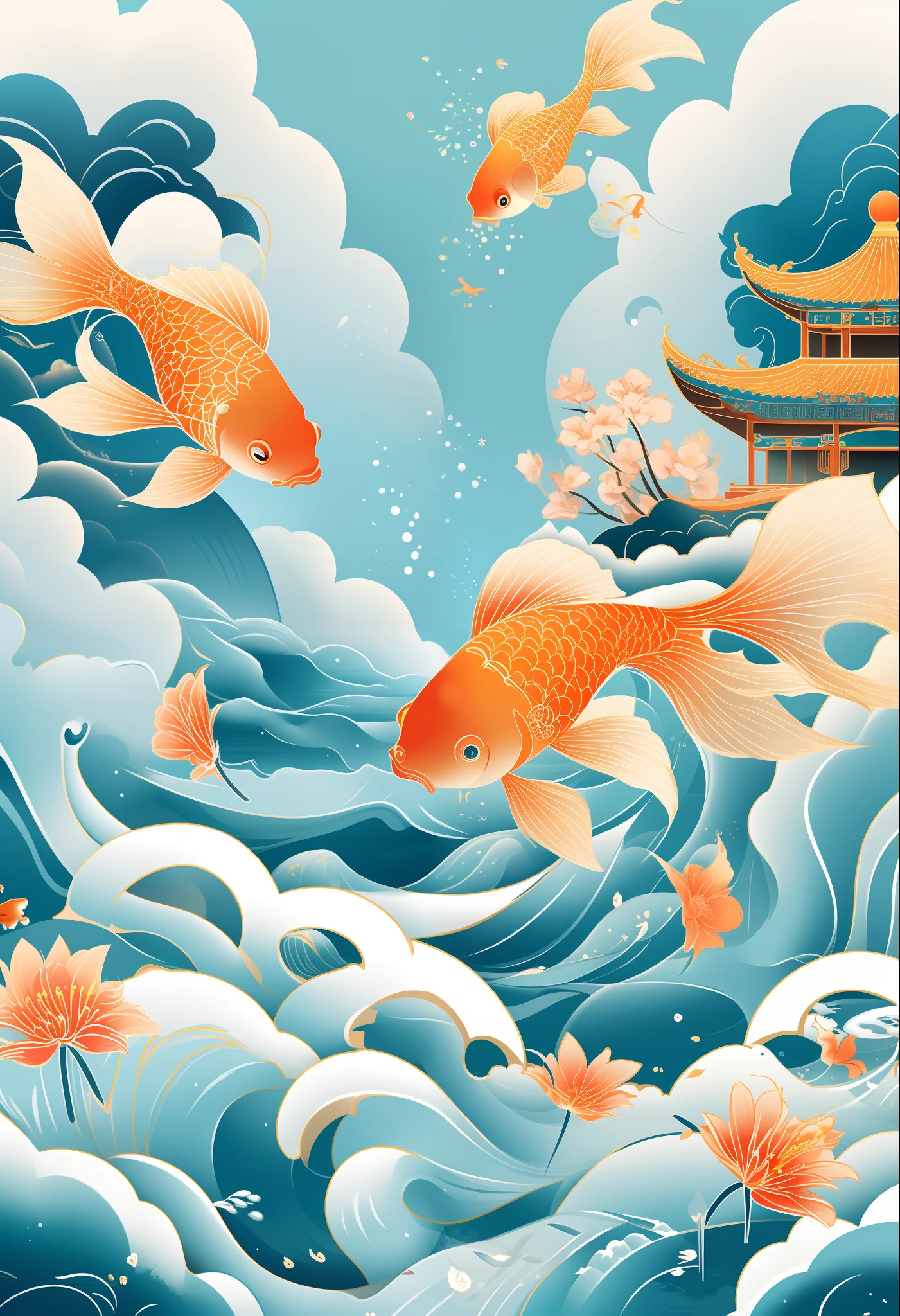 illustration poster design, graphic design, beautiful ancient Chinese architecture, auspicious clouds, goldfish, exaggerated waves, flowers, water flow, abstract illustration, edge light, dream, fantasy, fireworks, vector line illustration, surrealism