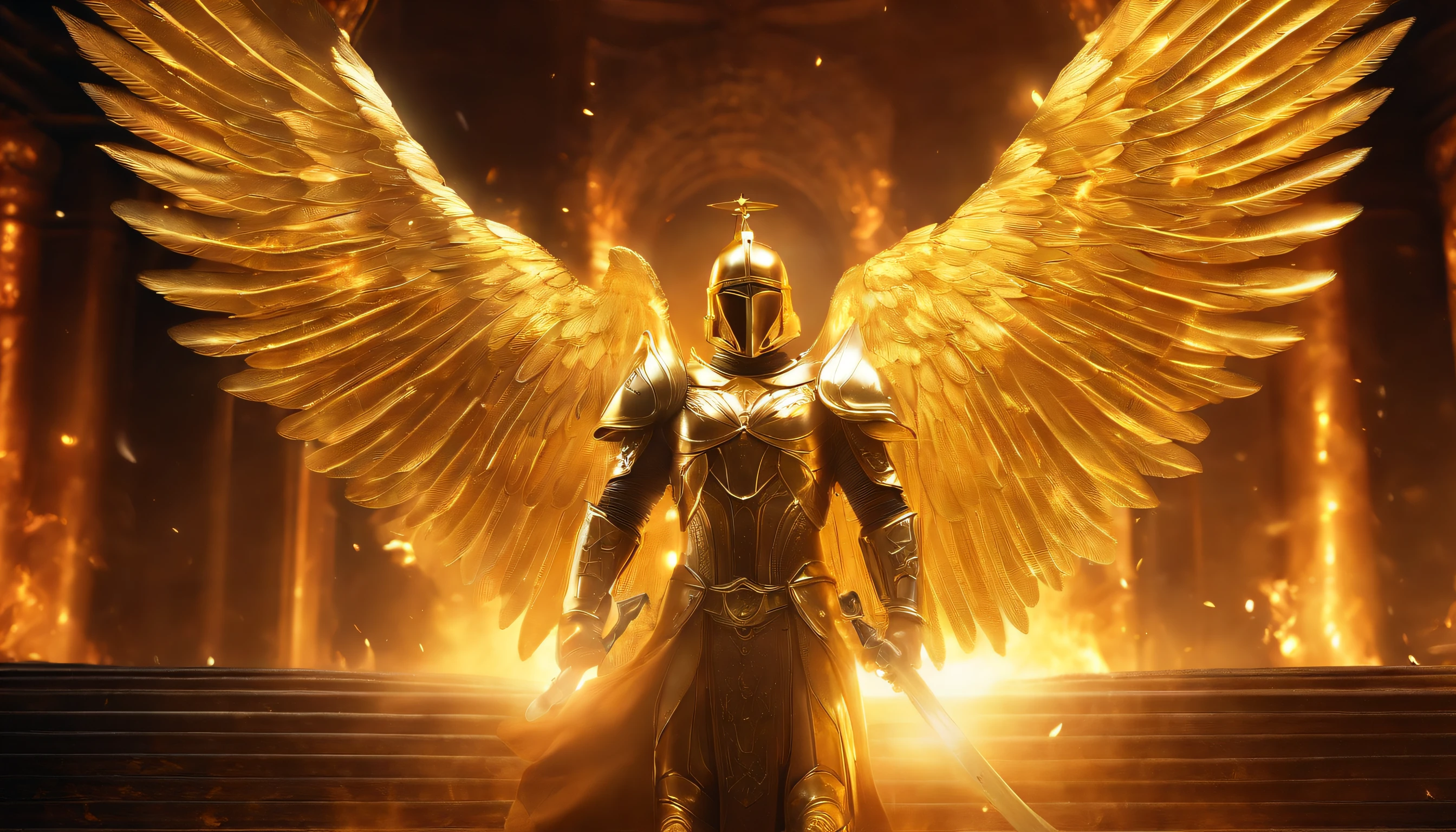 ((The Justice angel)),(HAND-take flame blade reflect in dizzle light),burnning up in fire,equiped with golden armer,((eyes shinning gold beam)),background in holy beaming from the heaven