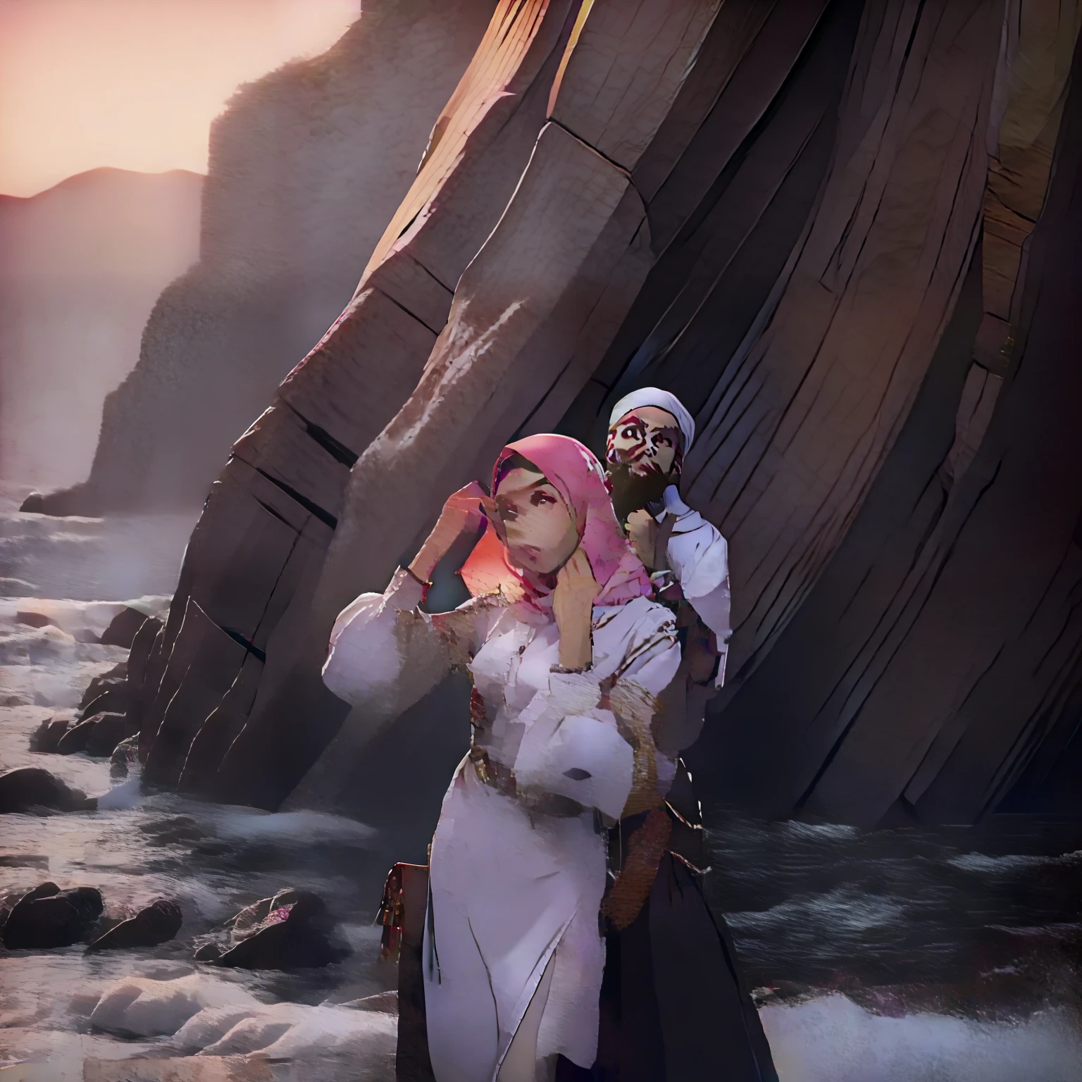 master piece, melhor qualidade, classe 1, olhos pretos, pele escura, cabelo curto, brincos, joias, pirata, camisa longa, saia longa, ambos, hijab e camisa rosa