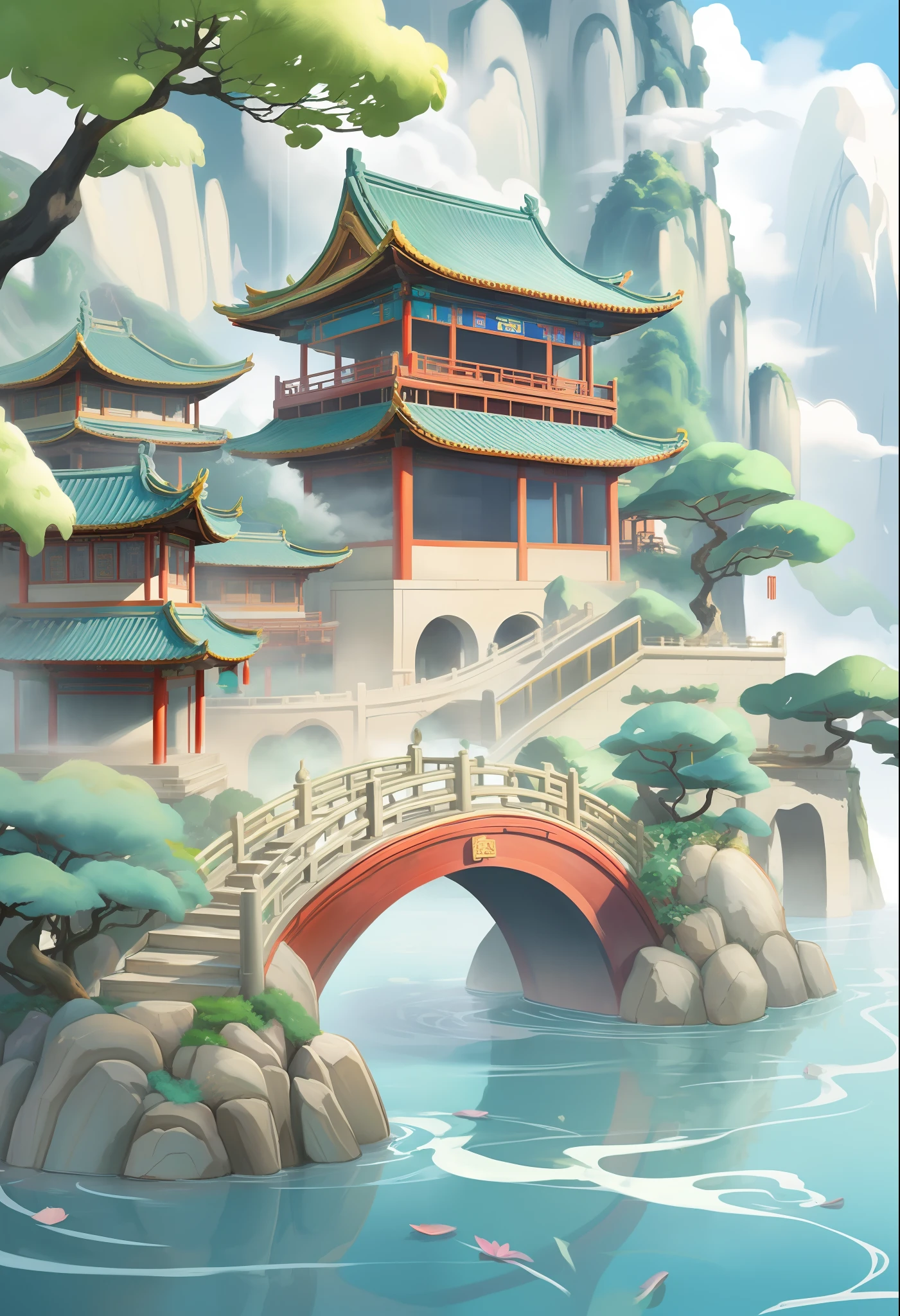 Lotuslotuslotus leavespainting,anime
Chinese architecturecutewaterflowclouds
fantasylightQiveSocietystyle