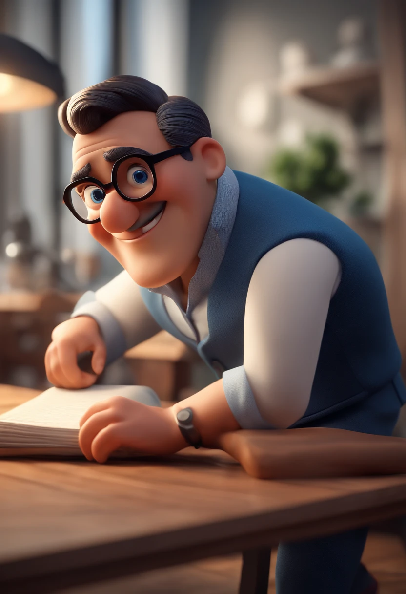 Cartoon character of a man with black glasses and a blue shirt, animation character, Caractere estilizado, animation style rendering, 3D estilizado, Arnold Maya render, 3 d render stylized, toon render keyshot, Personagem 3D, Personagem 3D, 3d rendering stylized, 3 d character render, personagem de desenho animado, Personagem de close up, Pose de personagem, (Estilo Pixar) (master part:1.2) (Bokeh) (best quality) (pele detalhada) (textura detalhada) (8k) (argila) (Cinematic lighting) (foco nítido