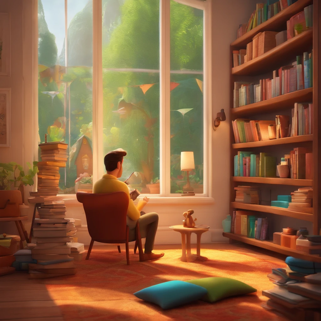 fundo branco, pixar desenhos animados 3D, homem lendo um livro, ::estilo pixar cartoon