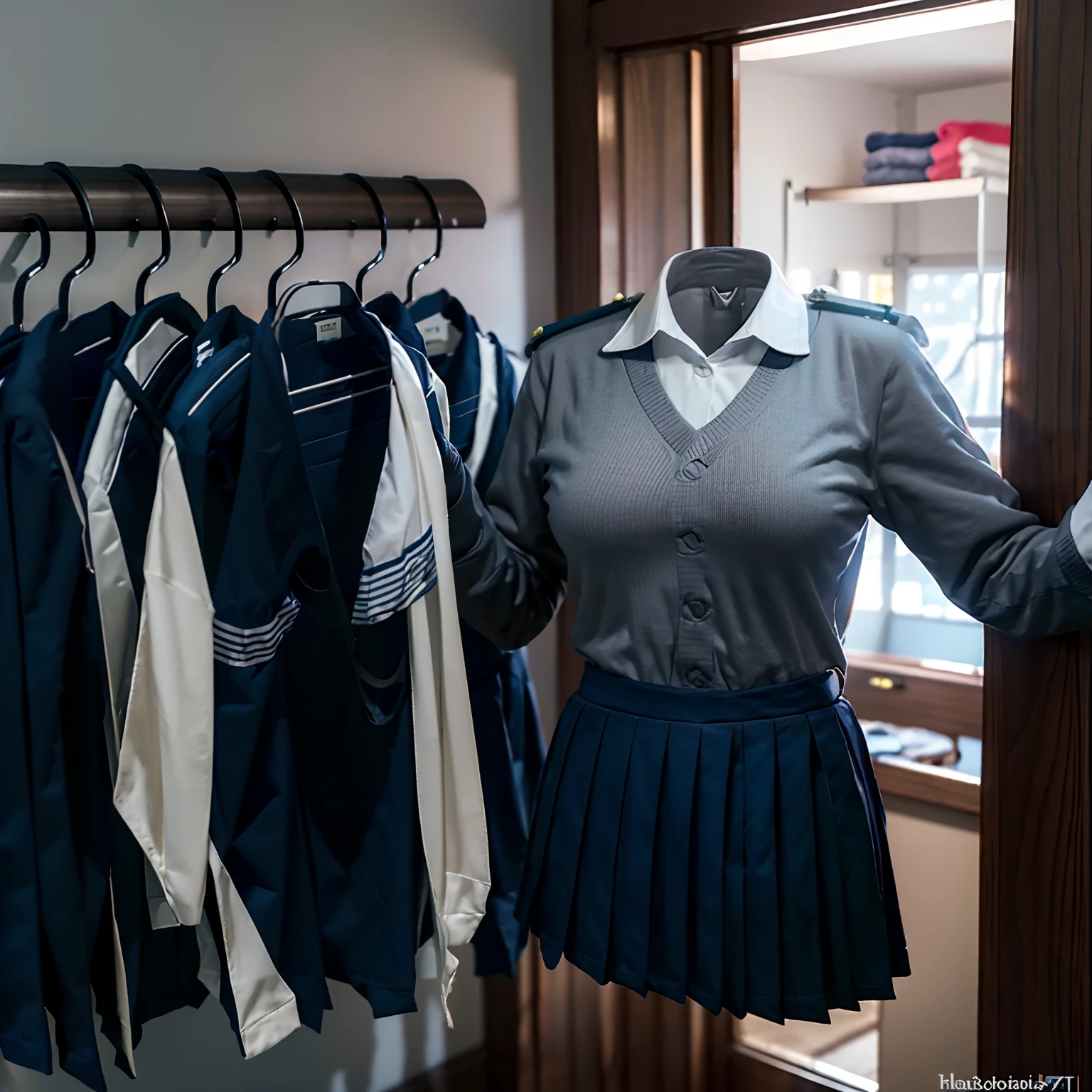 school uniforms, ((invisible, no humans:1.5, headless:1.5, handless, legless)), cute big breast, on hanger, (hang out the school uniform:1.5), (hang out the laundry:1.5), (school uniforms on hanger swells as if worn by invisible girls:1.9), (close-up to breasts), hanger head,
(8k, RAW photo, best quality, masterpiece:1.2), (realistic, photo-realistic:1.37), photon mapping, radiosity, ((Hasselblad photography)), physically-based rendering