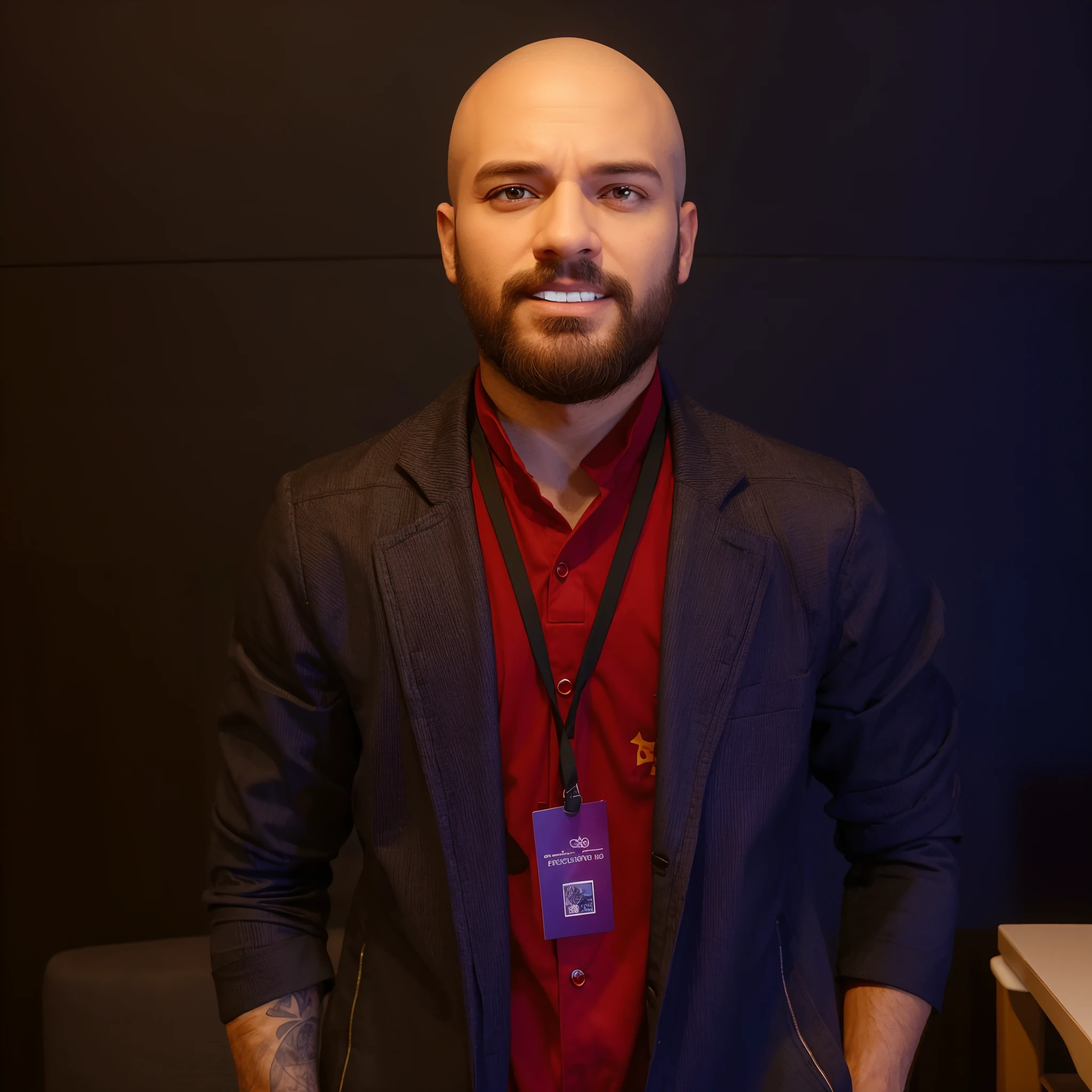 personagem dos desenhos animados de um homem de 20 anos careca, olhos azuis, com barba e usando um blazer preto com blusa vermelha por baixo, This man is in a business place, animation character, Caractere estilizado, animation style rendering, 3D estilizado, Arnold Maya render, 3 d render stylized, toon render keyshot, Personagem 3D, Personagem 3D, 3d rendering stylized, 3 d character render, personagem de desenho animado, Personagem de close up, Pose de personagem, (Estilo Pixar) (master part:1.2) (Bokeh) (best quality) (pele detalhada) (textura detalhada) (8k) (argila) (Cinematic lighting) (foco nítido