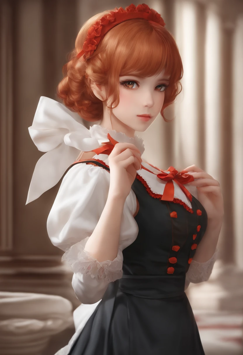 master part,best quality,anime,(2D:1.2),dentro, , 1girl, roswaal mansion maid uniform, sozinho, maid, olhos azuis cianos, short hair,faixa de cabelo do arco, cabelo entre os olhos, mangas destacadas, Olhando para o Viewer, faixa de cabelo vermelha,fita, franja, Looking back, arco, orange hair,Red ribbon, mangas pretas, janela, mangas compridas, avental, white bow, Frescuras,ribbon trim,Sorriso leve, own hands together,