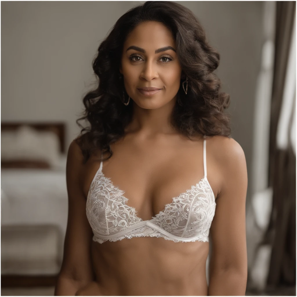 foto da parte superior do corpo de uma mulher bonita, mexendo com celular no meio da rua, [transparente](cami de renda curta:1.47), Mama natural, medium breasts, (cintura estreita, curva corporal perfeita), brinco, foco nítido, (Corpo alto, Adult woman), ((olhando para longe)), (pele altamente detalhada, skin pores:1.4)