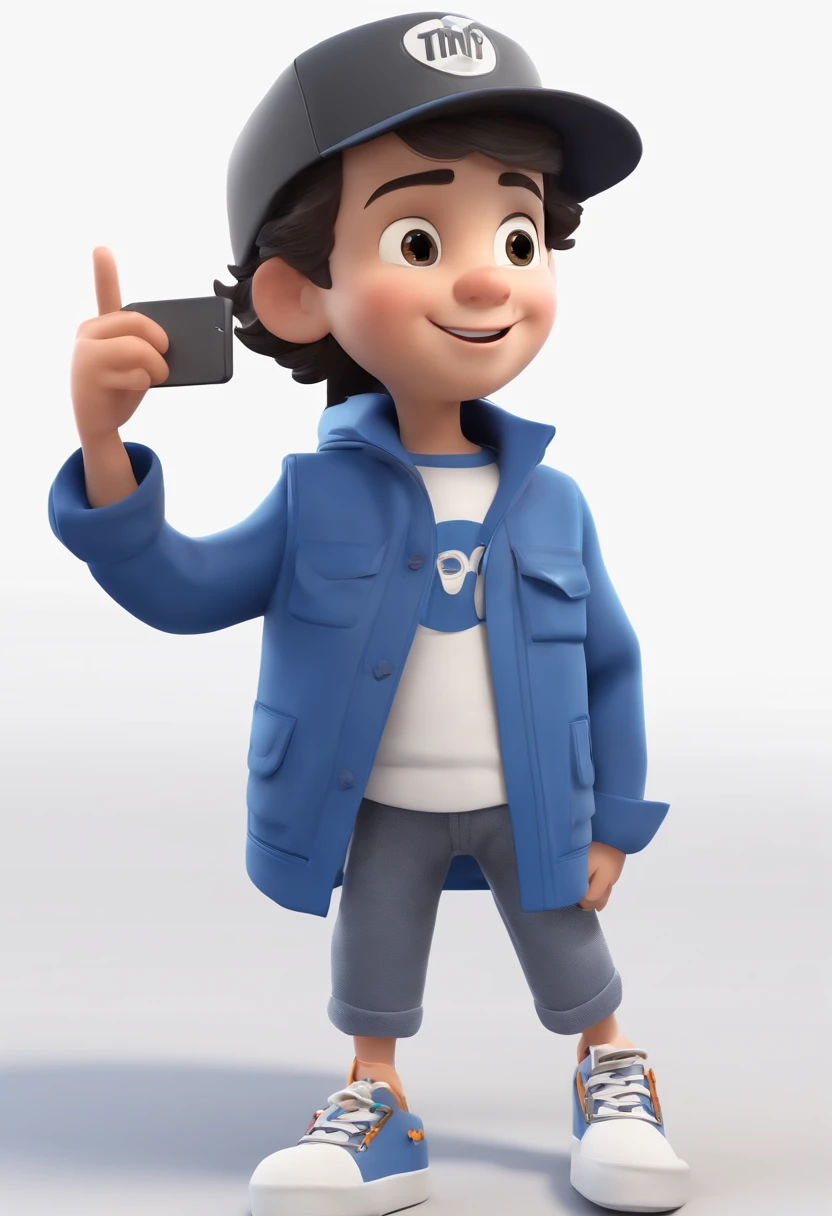 A happy cute boy preto standing short hair with dark blue cap , vestindo uma camisa azul , , fundo branco, barnet, Tom, Estilo Pixar, ......3d, desenhos animados, rosto detalhado, asymmetrical 16k