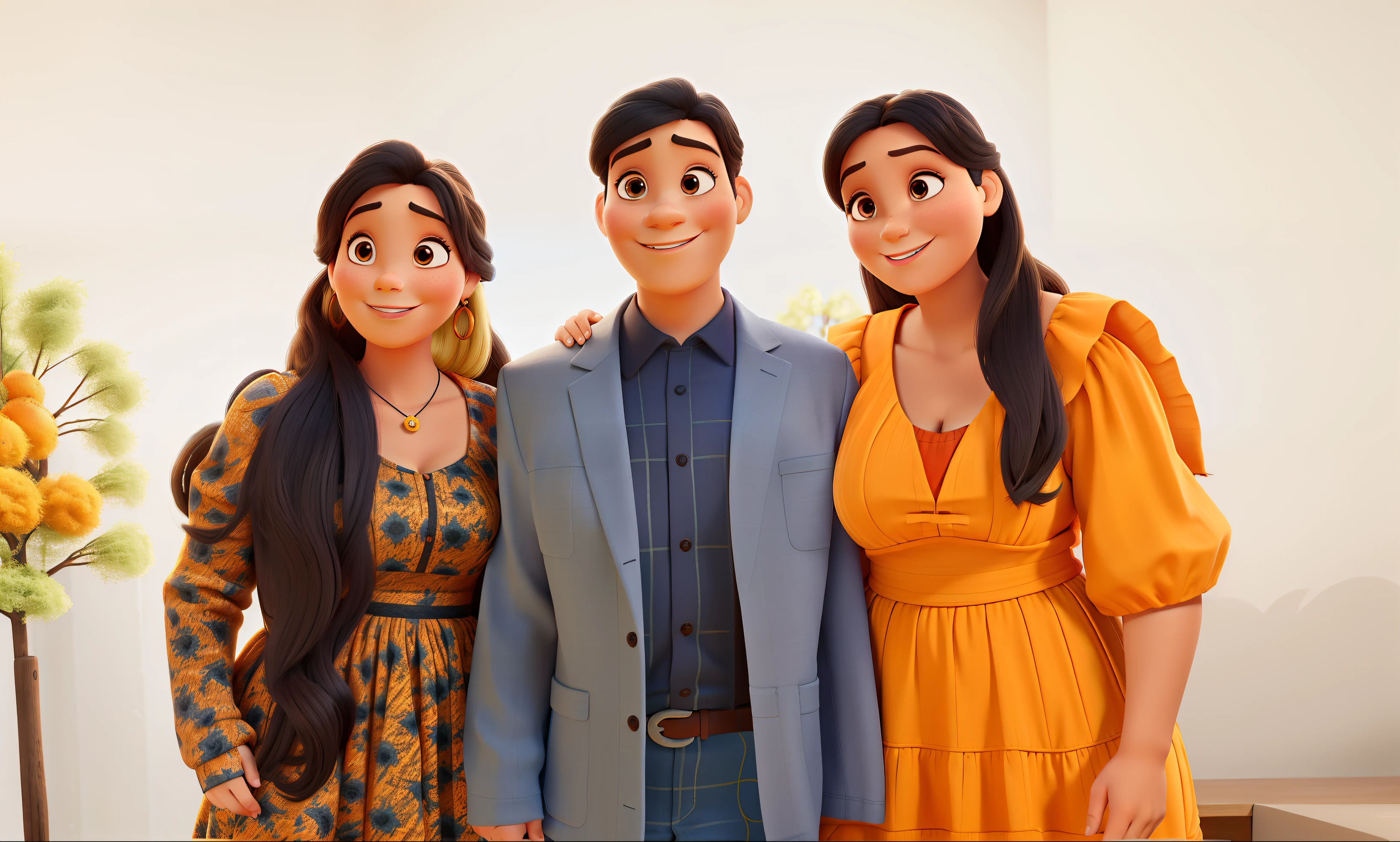 Uma familia estilo disney pixar, alta qualidade, melhor qualidade filha cabelo grande vestido farm, pai de terno cinza gravata preta, Orange Mother Dress and Clock