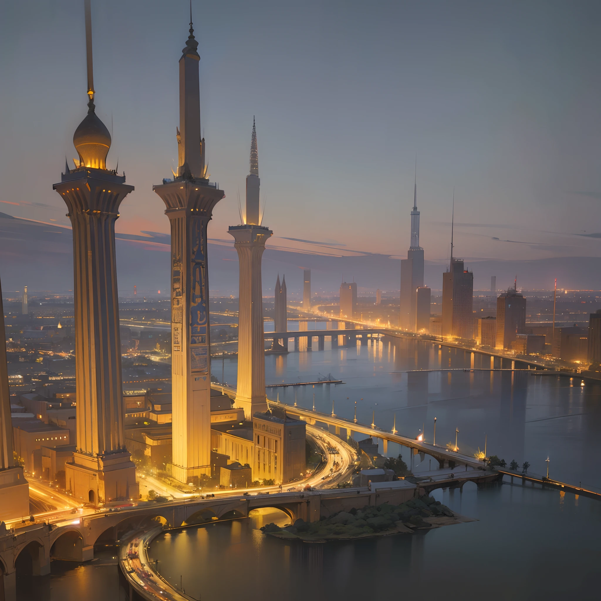 Realistic modern Egyptian architecture, glass towers, modern Egyptian buildings, high minarets, trees, road, Nile, bridge, lights and at night from a bird's eye view of Egypt. --auto --s2