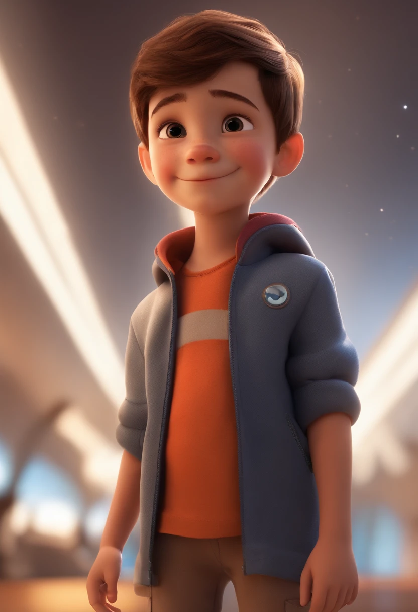 a happy cute ??? standing short hair, vestindo uma fantasia espacial, , fundo branco, barnet, tom, Estilo Pixar, ..3d, desenhos animados, rosto detalhado, asymmetrical 16k