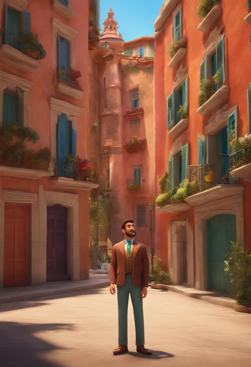 A city councilman looking at a dream project inspired by Pixar animation, de perto. The character takes center stage with captivating facial expressions, oferecendo um toque de irrealidade