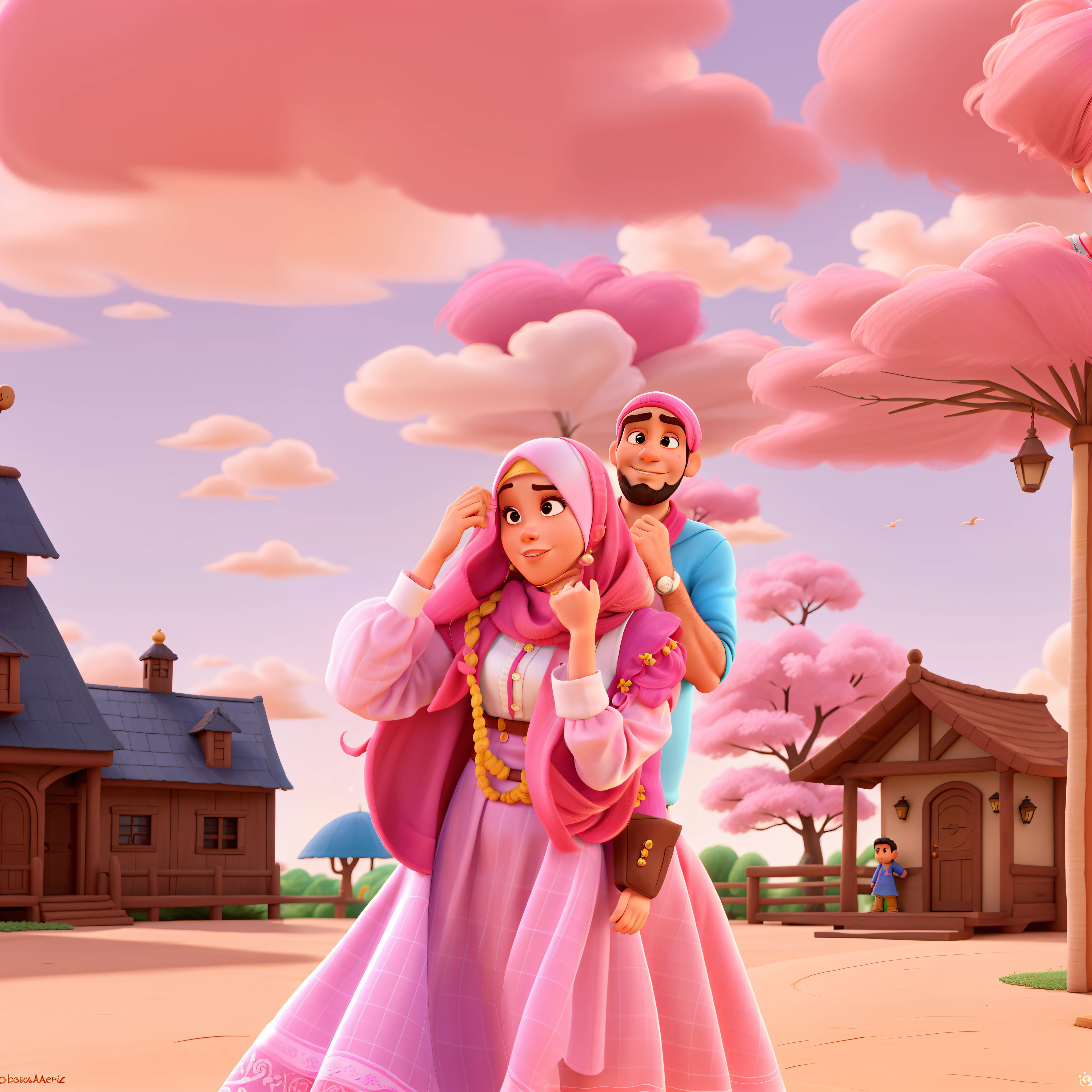 Casal estilo disney pixar melhor qualidade alta qualidade. Homem moreno cabelo comprido crespo barba e mulher loira olhos azuis cabelos longos lisos hijab and pink clothes.
