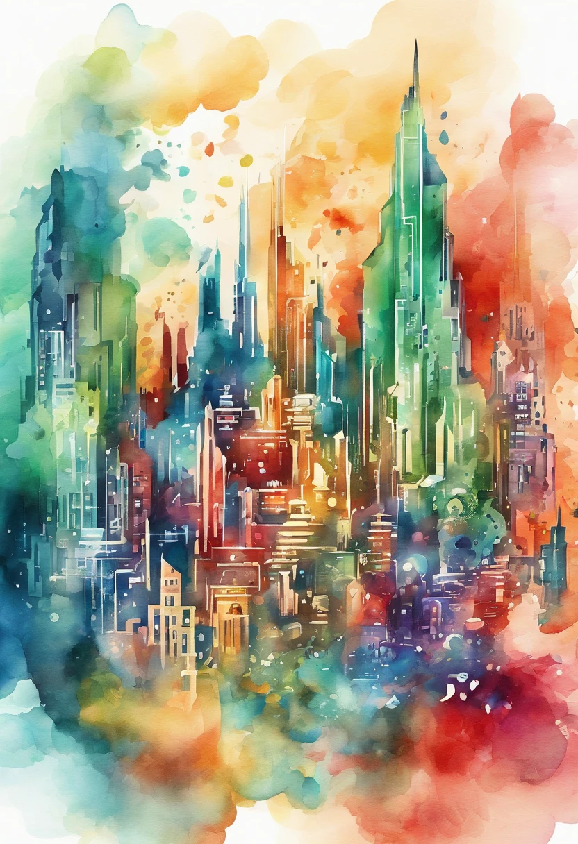 3d watercolor abstract,dark background,high resolution,high quality,colorful,green,red,blue,Create desain depicting this futuristic city above the clouds, focusing on the buildings and vehicles.