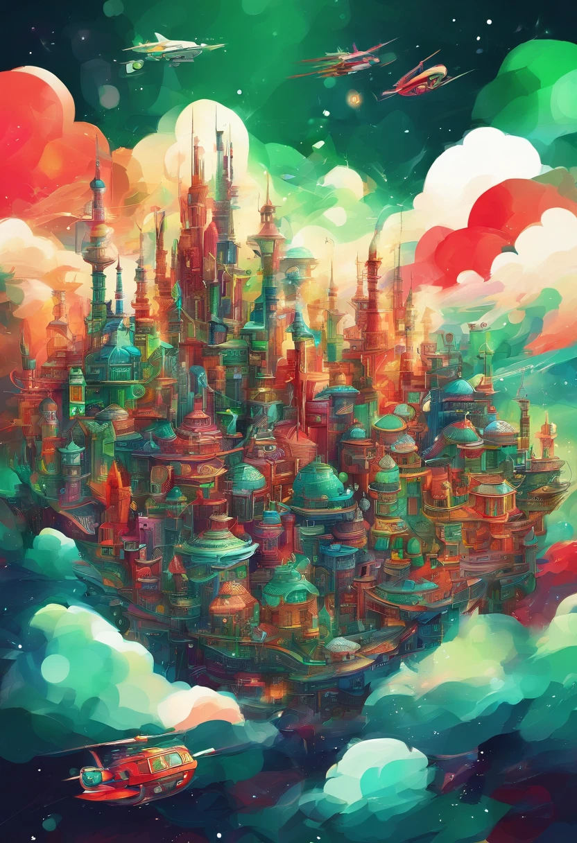 3d watercolor abstract,dark background,high resolution,high quality,colorful,green,red,blue,Create desain depicting this futuristic city above the clouds, focusing on the buildings and vehicles.