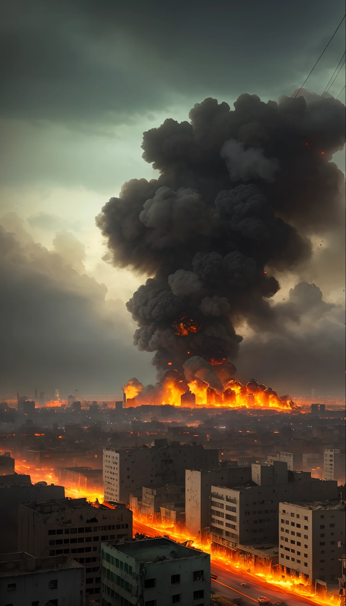 smoke billows from a building in the middle of a city, by joseph binder, an ancient city on fire, the buildings are on fire, burning city in background, by Emanuel Witz, destroyed city on fire, tel aviv under rocket attack, powerful explosions, buildings on fire, mixed media, explosions in background, large explosions, by Steven Belledin, world press photo awarded