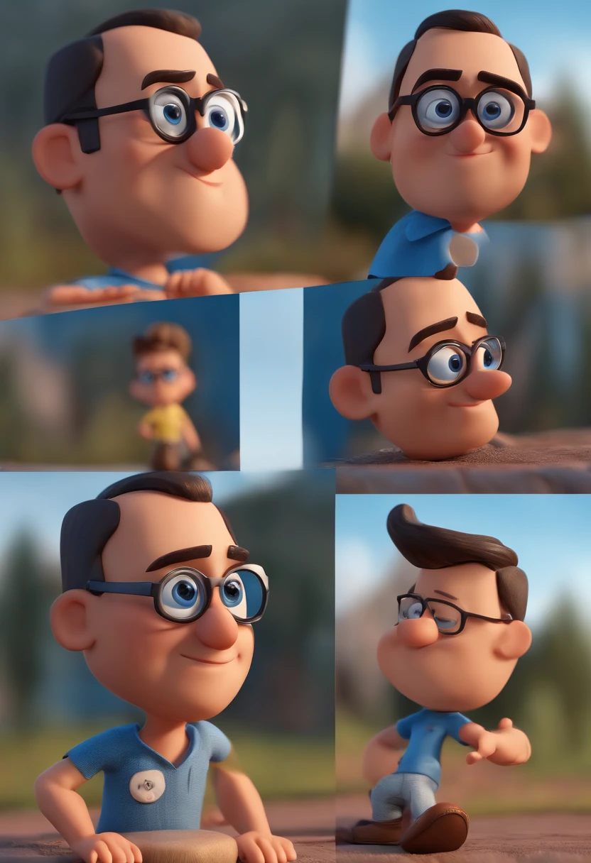 Cartoon character of a man with black glasses and a blue shirt, animation character, Caractere estilizado, animation style rendering, 3D estilizado, Arnold Maya render, 3 d render stylized, toon render keyshot, Personagem 3D, Personagem 3D, 3d rendering stylized, 3 d character render, personagem de desenho animado, Personagem de close up, Pose de personagem,  (Estilo Pixar) (master part:1.2) (Bokeh) (best quality) (pele detalhada) (textura detalhada) (8k) (argila) (Cinematic lighting) (foco nítido