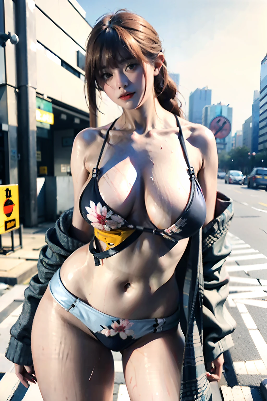 ((17 year old very cute extreme exhibitionist girl wearing floral yukata)), ((((, no-bra)))), (((Huge breasts :1.1))), ((cleavage, Exposed breasts, Exposed crotch, Exposed lower abdomen, exhibitionism, exposed shaved pubic hair)), Best quality, Masterpiece, hyper HD, (Photorealistic:1.4), RAW photo, (Perfect body shape), (Slim:1.1), Dynamic pose, (((complete figure :0.9))), Solo, Sagging breasts, uniform, On the street, Deep shadows, Unobtrusive, Cold light 12000K, Beautiful detailed sky, Detailed Tokyo Street, Highly detailed face and skin texture, Detailed eyes, Realistic eyes, Beautiful detailed eyes, (Realistic skin), Attractive, 超高分辨率, Ultra photo realsisim, Highly detailed, (exhibitionism), ((She's wet)).
