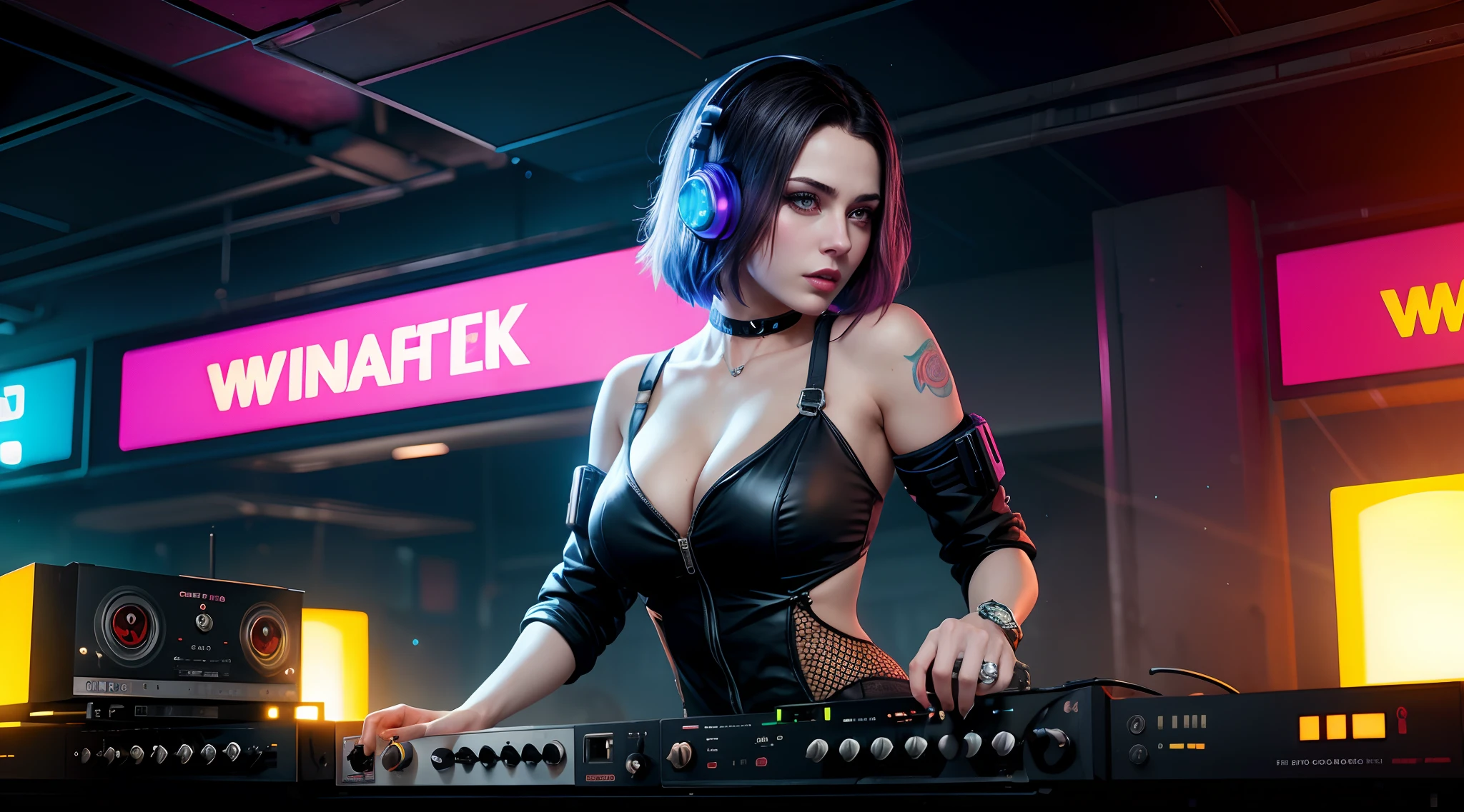 Hay una mujer de pie con una luz de arco iris, 3 d neon art of a womens body, Fondo neon-noir, Cyberpunk femme fatale, ((PORTA AURICULARES DJ))seductive cyberpunk dark fantasy, Clubes de striptease cyberpunk, cyberpunk 20 y. o Chica modelo, Oppai cyberpunk, estandarte, high definition cgsociety, Obra maestra de CGsociety, Tendencias en CGVatstation, KDA