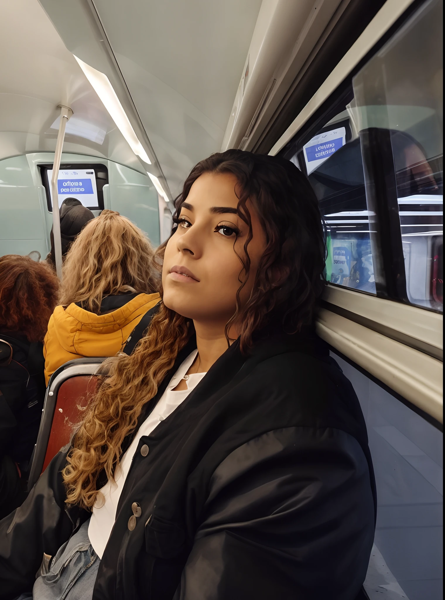 There's a woman sitting on a train looking out the window, she has a distant expression, in a subway, fotografia tirada em 2 0 2 0, Looking away from the camera, olhar triste, tomada em 2 0 2 0, Fotografia tirada em 2 0 2 0, looking away from camera, Absorto em pensamentos, orgulhoso olhando para longe, looking distracted and awkward