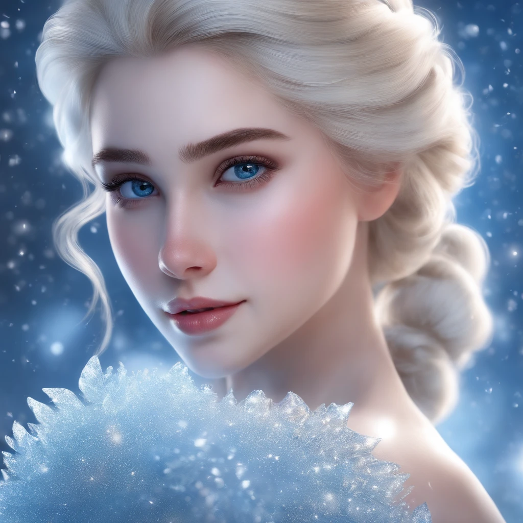 "(best quality,masterpiece:1.2),1girl,upper body,facing the viewer,frozen,Elsa,white background,portrait style,fine details,sparkling ice effect,blue and white color palette,luminous lighting"