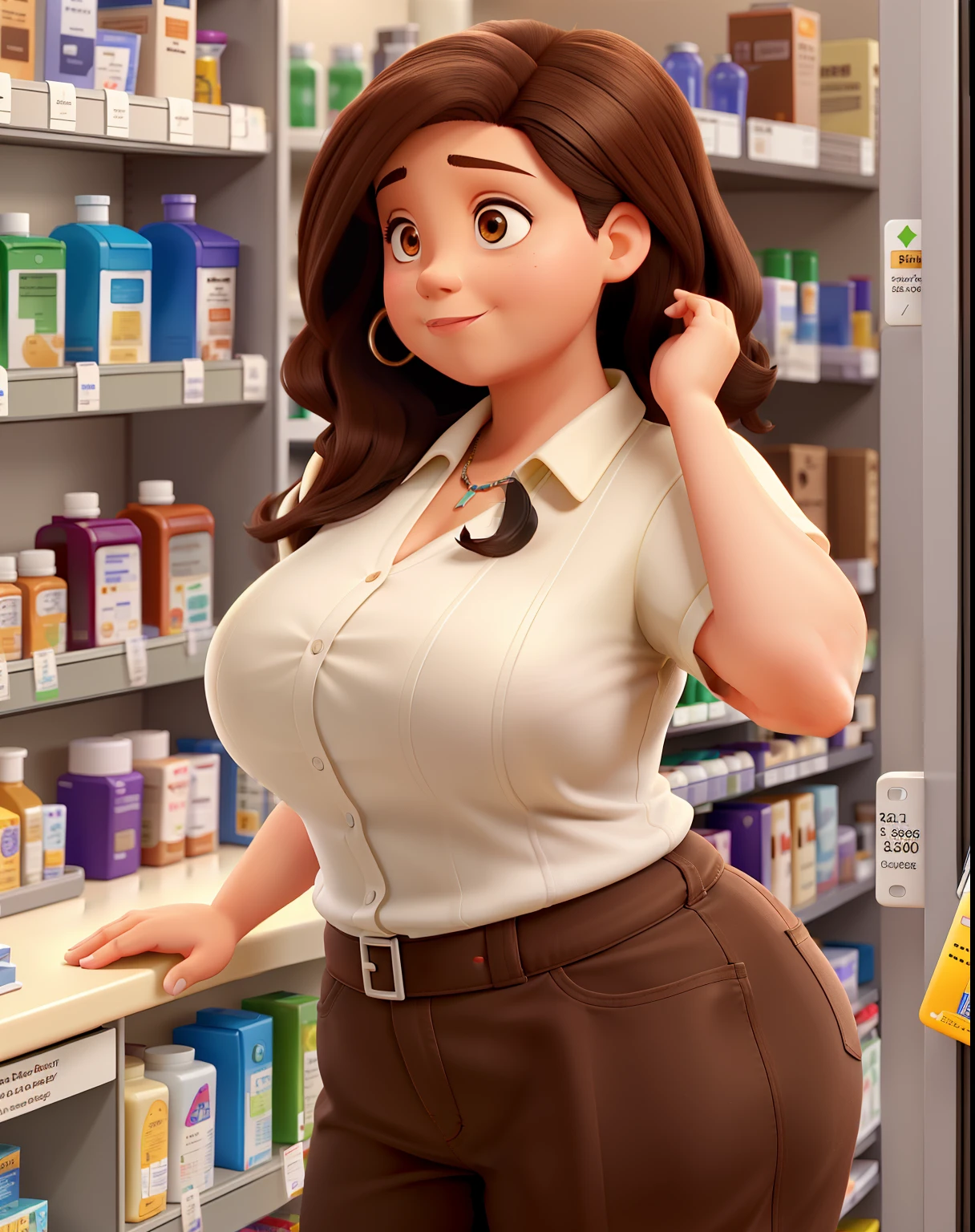 A slightly overweight woman with light skin, dark hair stuck on a pharmacy counter with various medications on the shelves