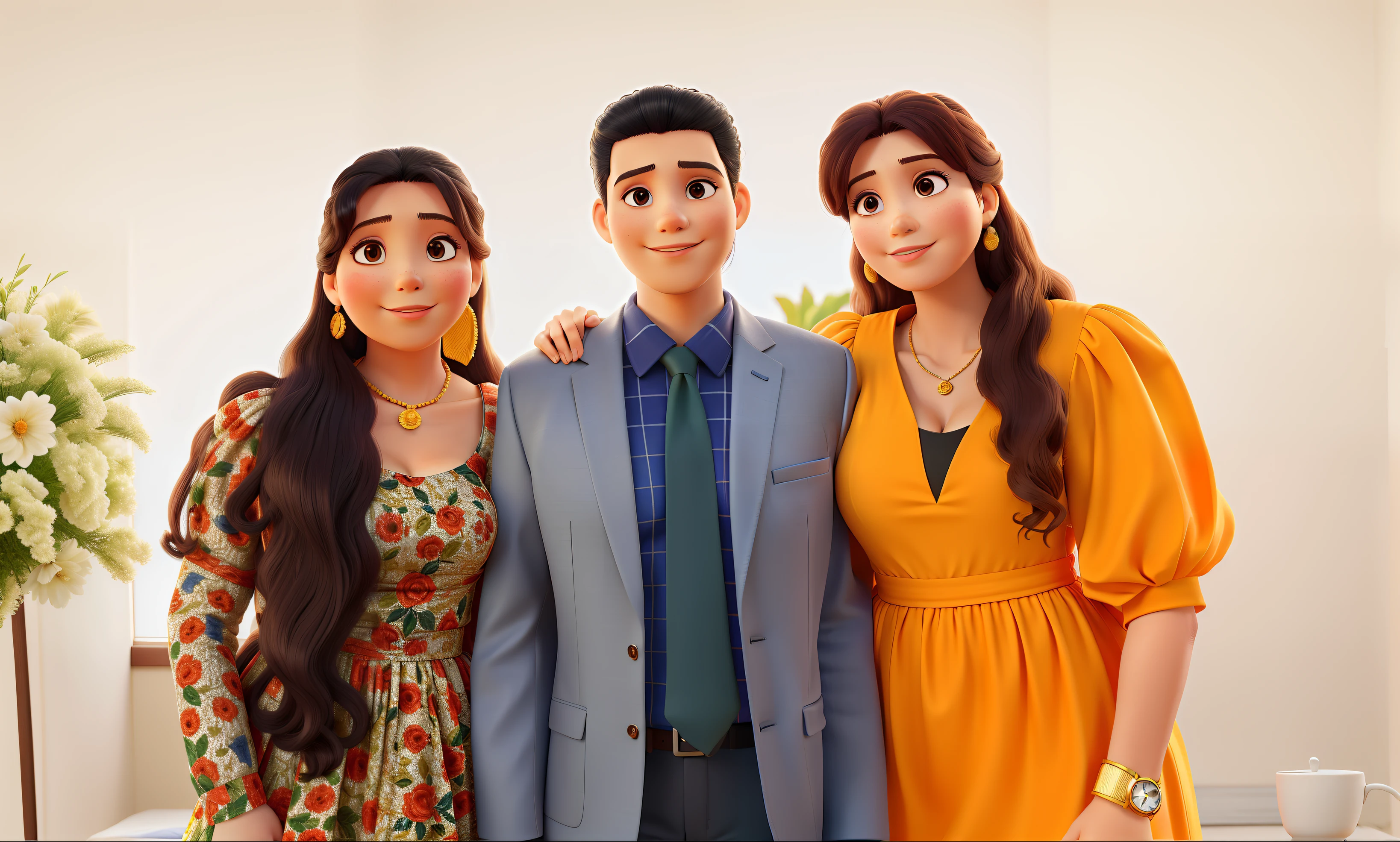 Family Daughter Big Hair, pai de terno cinza, Mother of Orange Dress Watch