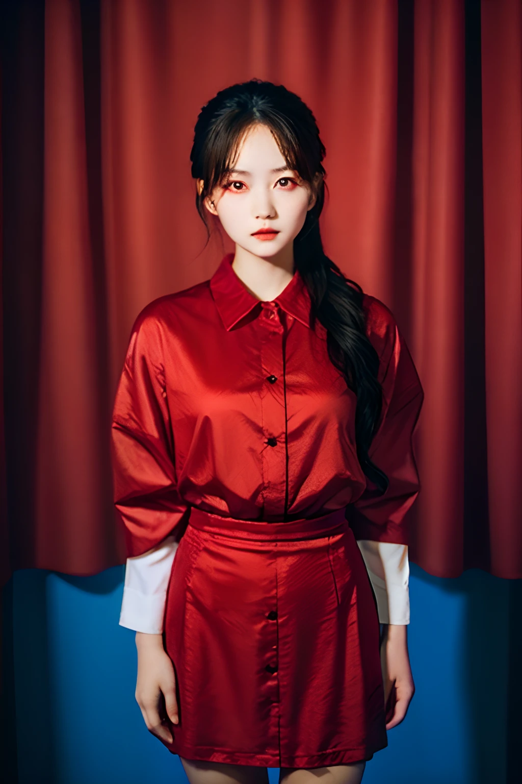 Best Quality, masutepiece, High resolution, (((1girl in))), sixteen years old,(((Red Eyes:1.3)))、Red attire、((Red Shirt:1.3、Red Rock Dress)), Tindall Effect, Realistic, Shadow Studio, Red lighting, dual-tone lighting, (High Detail Skins: 1.2) Digital SLR, Photo, High resolution, 4K, 8K, Background blur,Fade out beautifully、Blue World